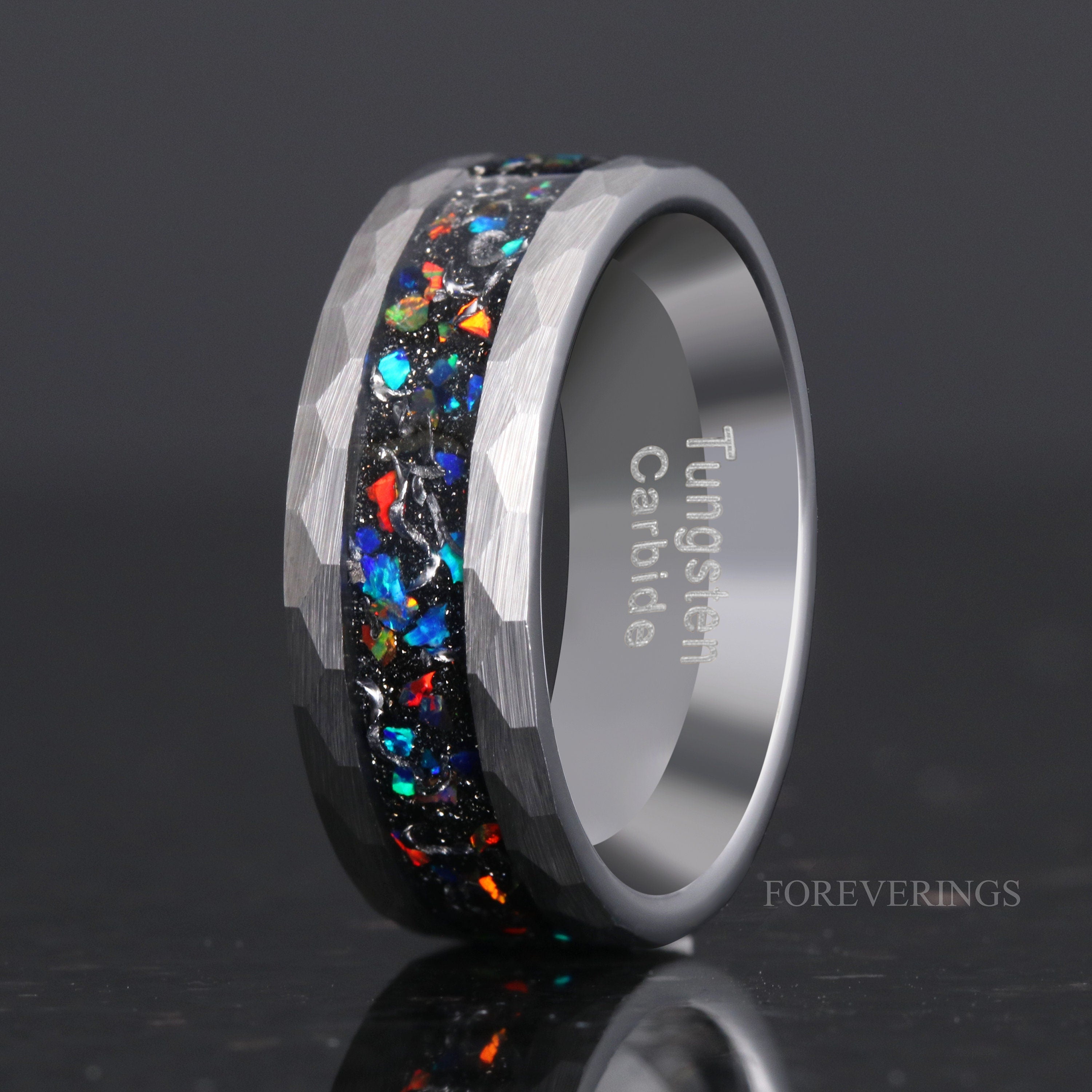 Meteorite Opal Ring, Mens Wedding Band, Galaxy Ring, Authentic Meteorite Ring Men, Fire Opal Tungsten Ring, Hammered Band, Ring Engraving