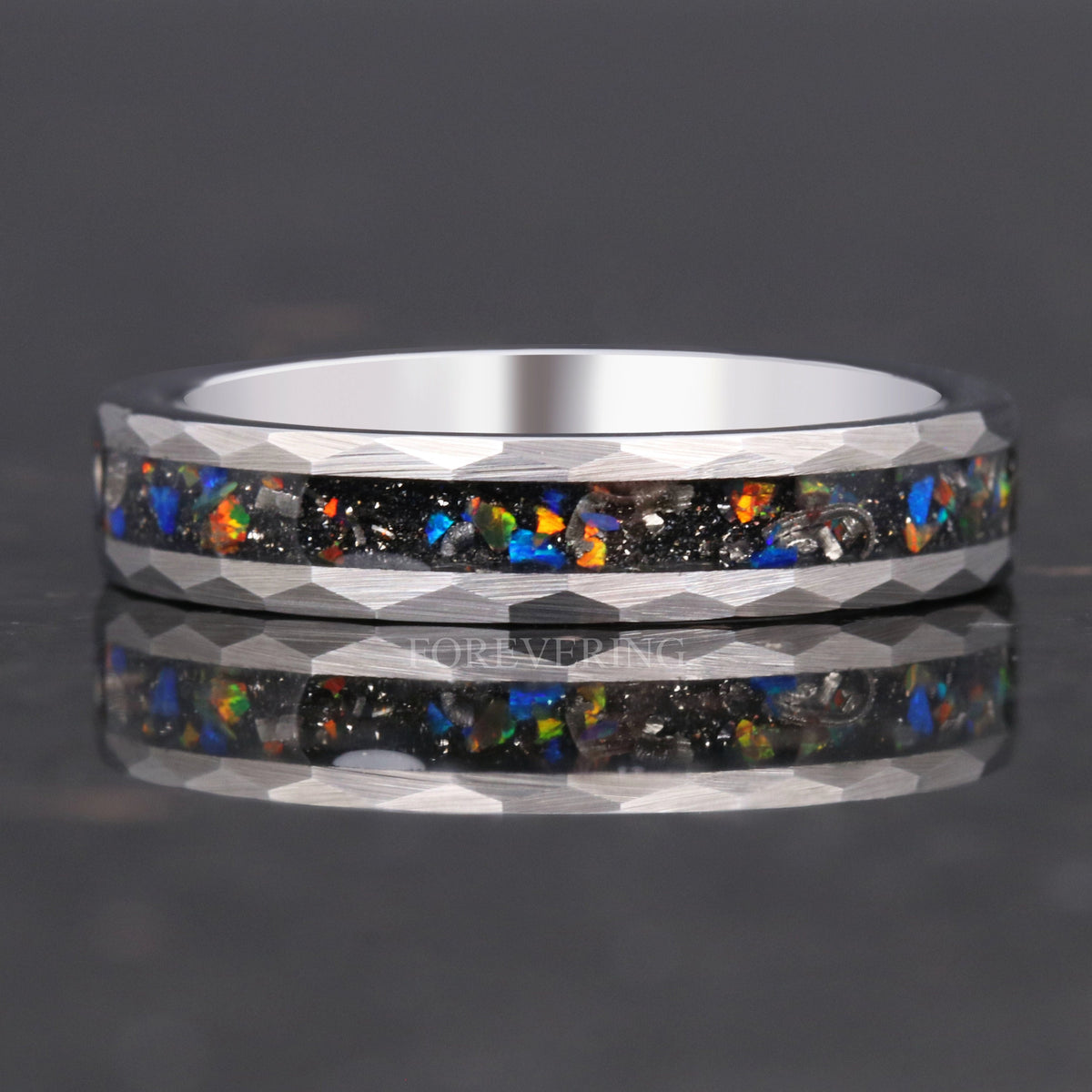 Meteorite Galaxy Opal Silver Tungsten Ring | Hammered Wedding Band