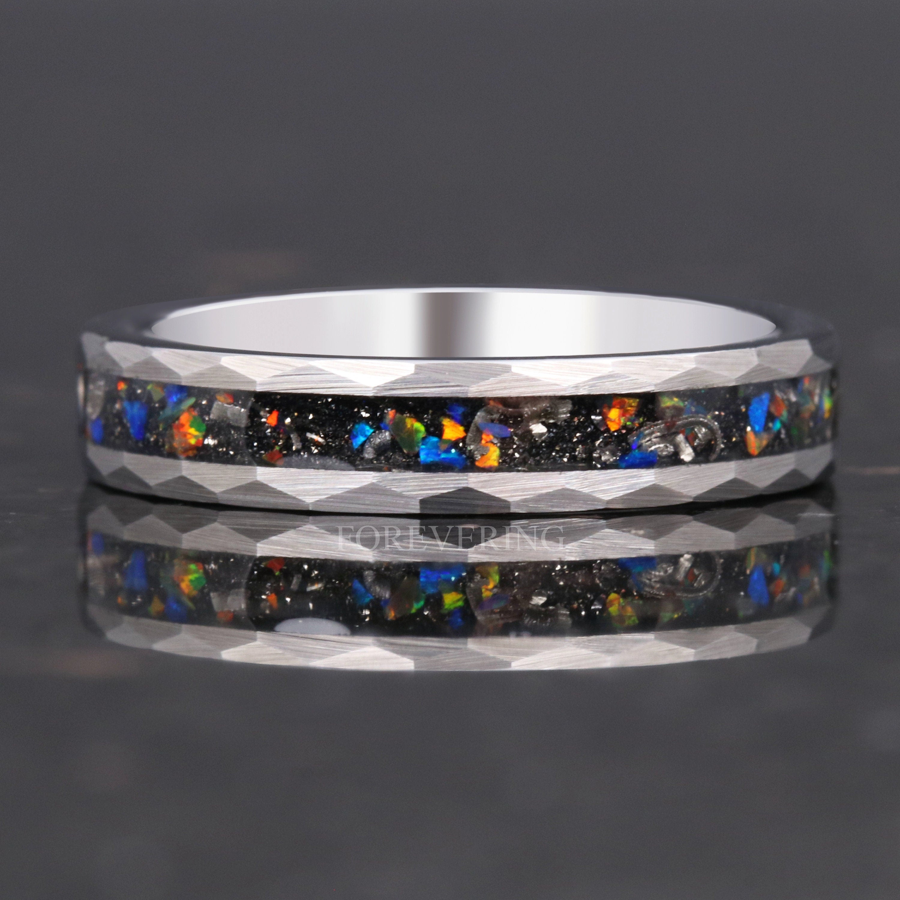 Meteorite and Galaxy Opal Wedding Band, 4mm Silver Tungsten Ring, Hammered, Flat, Matte Brushed, Comfort Fit, Unique Ring, Women Men Ring