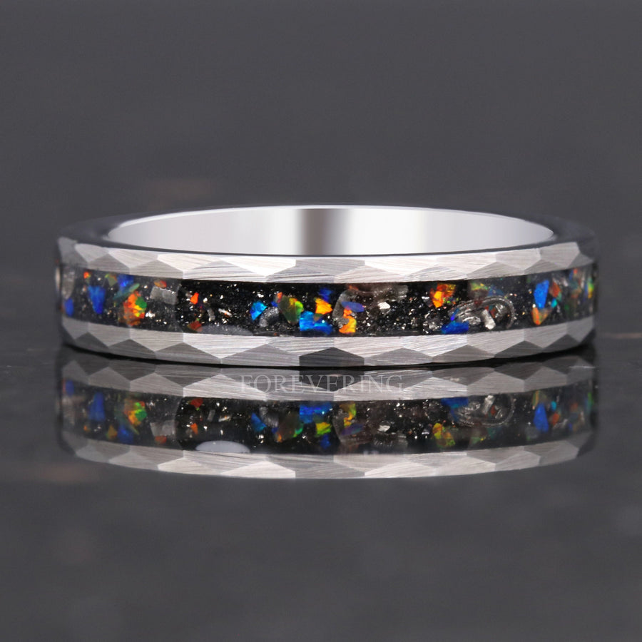 Meteorite Galaxy Opal Silver Tungsten Ring | Hammered Wedding Band