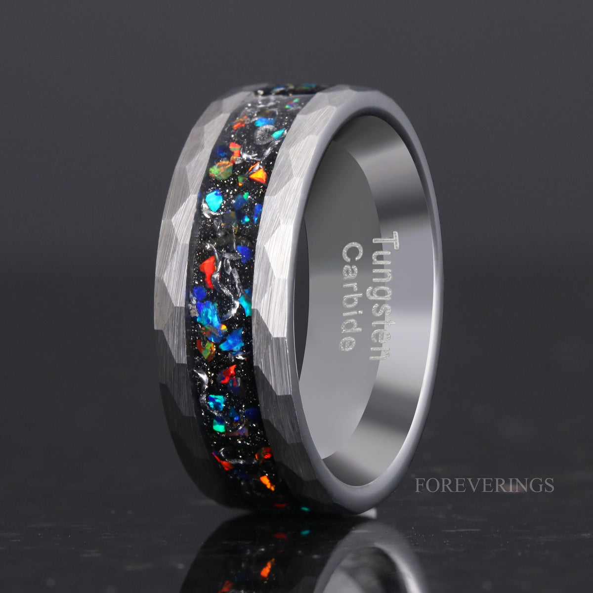 Meteorite and Galaxy Opal Ring Set, His and Hers Tungsten Wedding Band, 8mm & 4mm Silver Rings, Hammer, Couples Ring, Brush, Comfort Fit