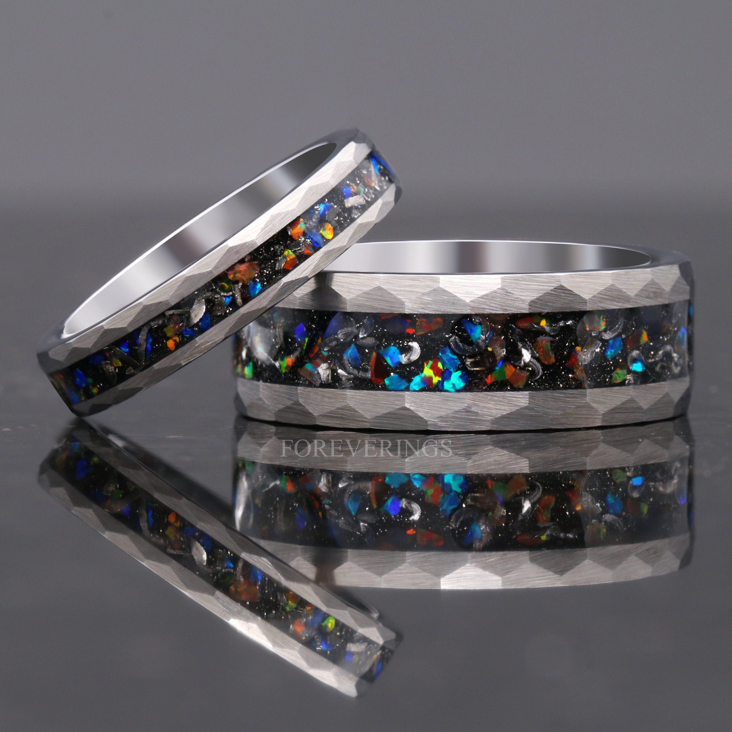 Meteorite and Galaxy Opal Ring Set, His and Hers Tungsten Wedding Band, 8mm & 4mm Silver Rings, Hammer, Couples Ring, Brush, Comfort Fit