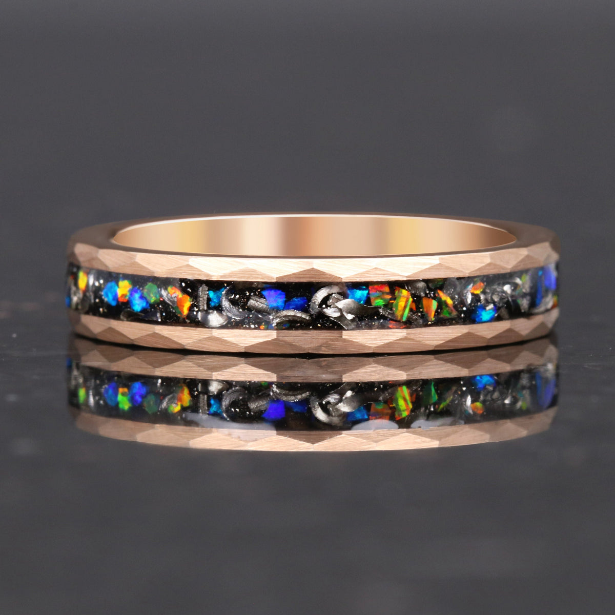 Meteorite & Galaxy Opal Ring | Rose Gold Tungsten Wedding Band | 4mm