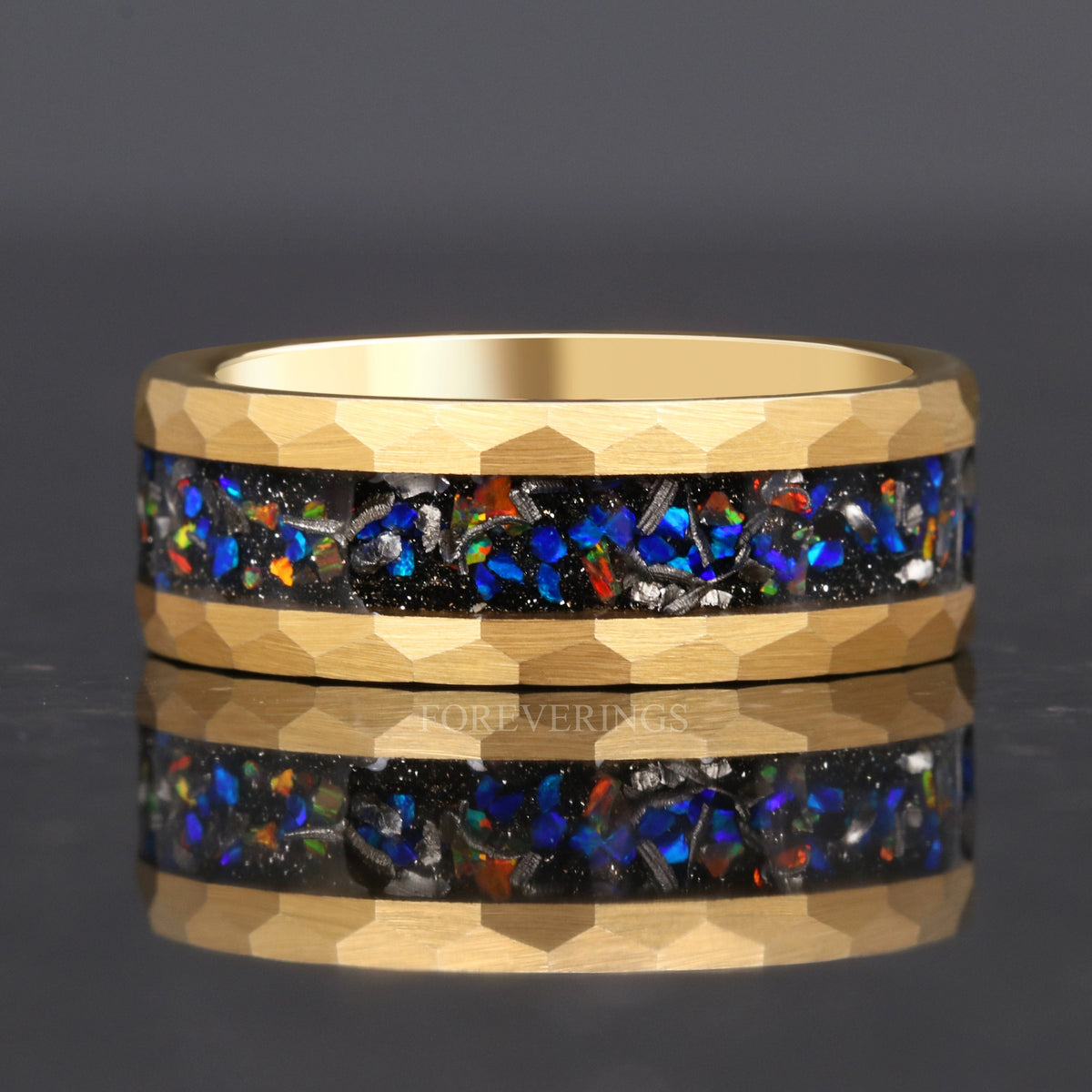 Mens Meteorite Opal Wedding Band | 8mm Yellow Gold Tungsten Ring