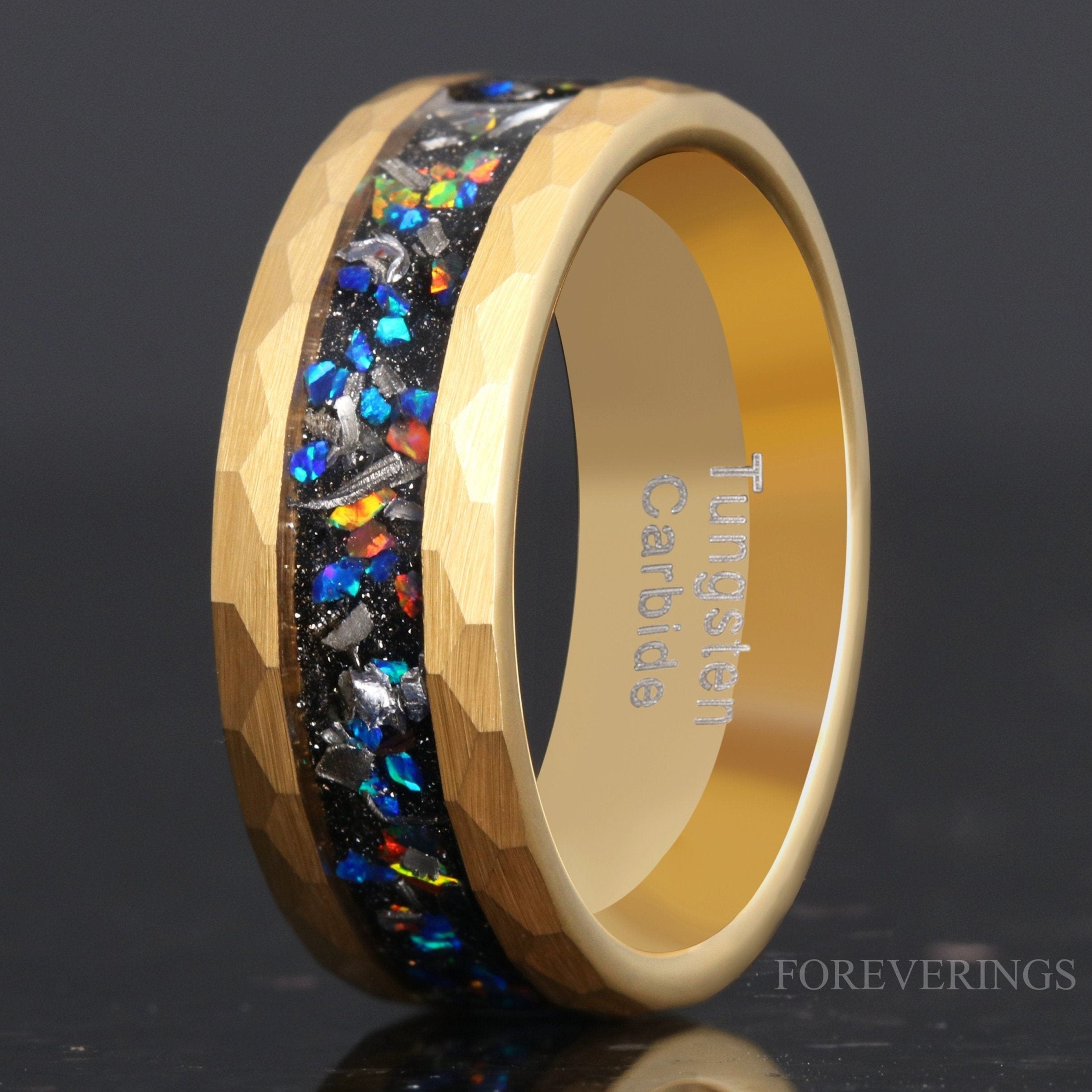 Meteorite and Galaxy Opal Wedding Band, 8mm Tungsten Ring, Yellow Gold Plated, Hammered, Flat, Matte Brushed, Comfort Fit, Gift for Him