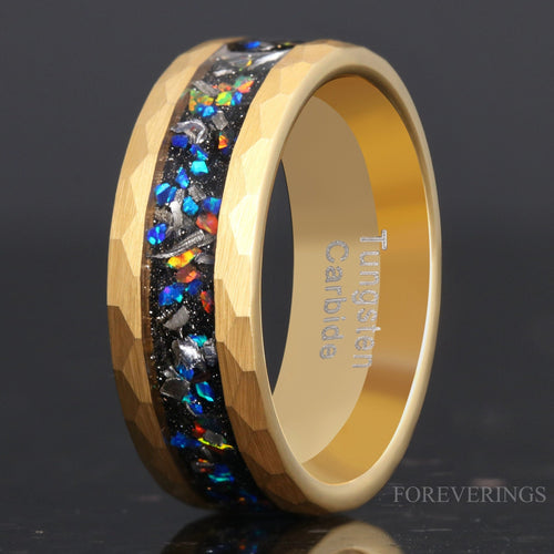 Mens Meteorite Opal Wedding Band | 8mm Yellow Gold Tungsten Ring