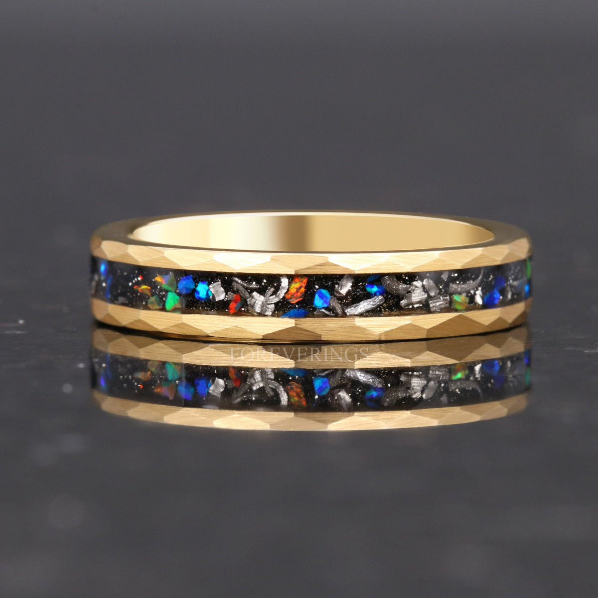 Gold Meteorite Wedding Band | 4mm Galaxy Opal Hammered Tungsten