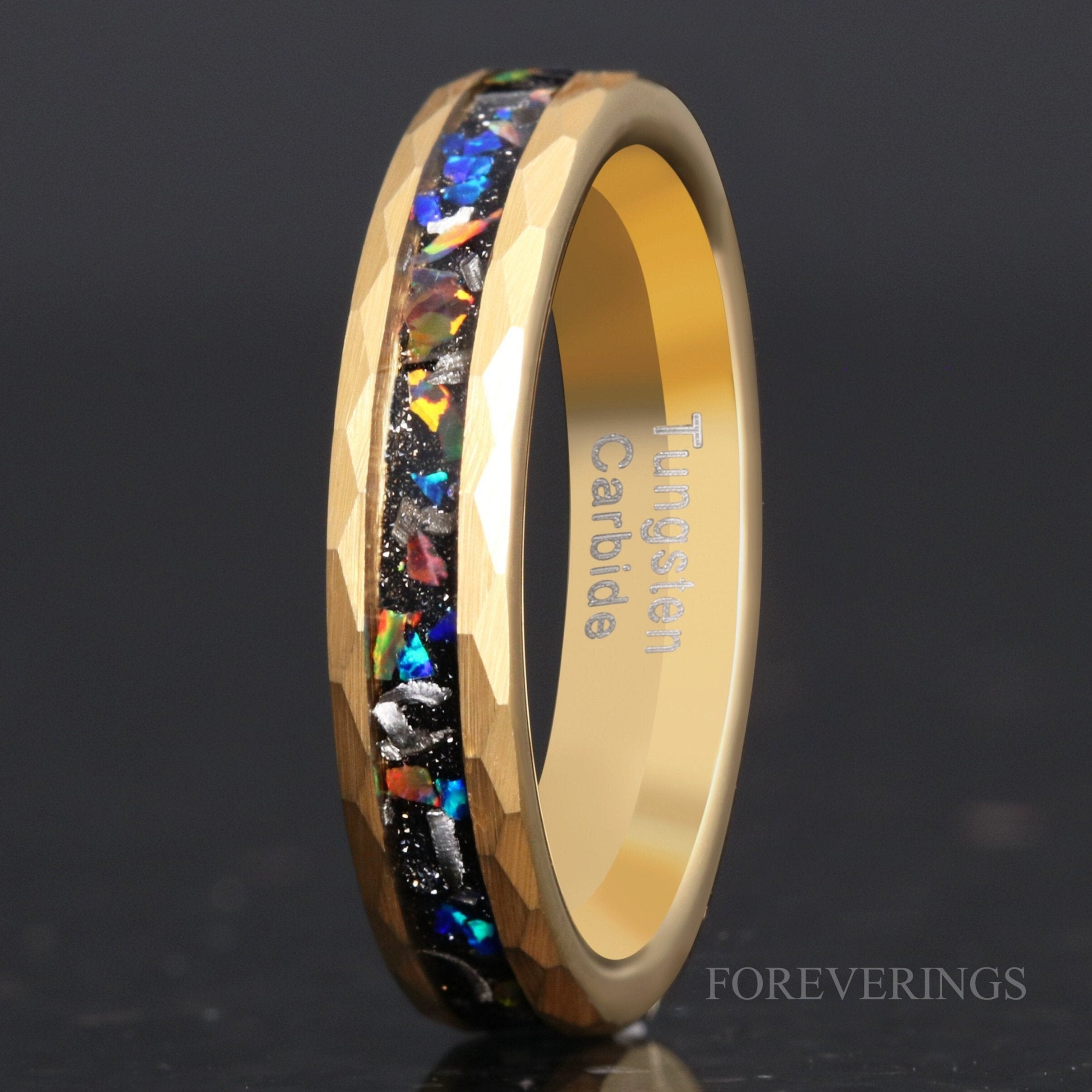 Meteorite Galaxy Opal Wedding Band, Gold Tungsten Ring, Hammered, Flat, Matte Brushed, Women Men Ring, Authentic Meteorite Ring, Unique Ring