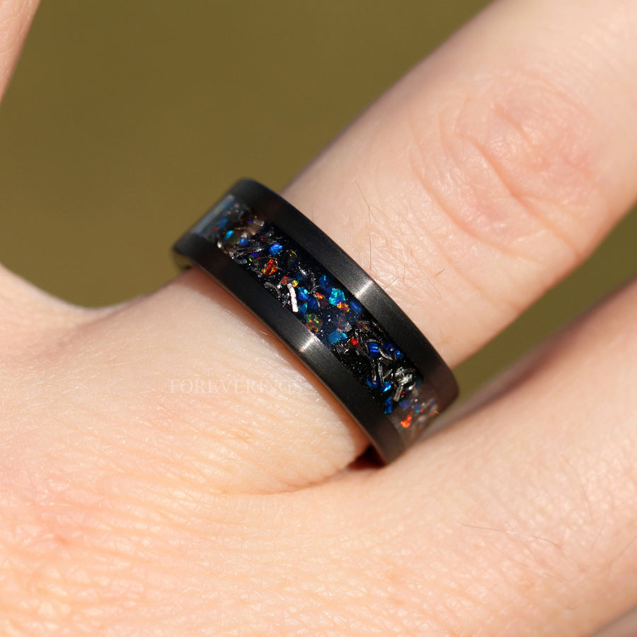 Galaxy Opal and Meteorite Inlay | Men's Black Tungsten Wedding Band | 8mm