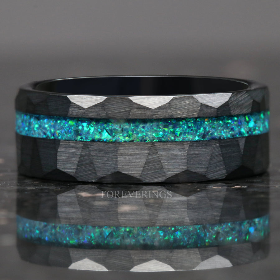 Emerald Green Opal Ring | Hammered Black Tungsten Band | 6mm 8mm