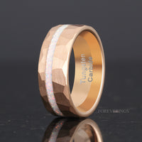 His and Hers Tungsten Wedding Band, Crushed White Fire Opal, 8mm & 4mm Rings, Rose Gold Plated Ring, Hammer, Flat, Brushed, Comfort Fit