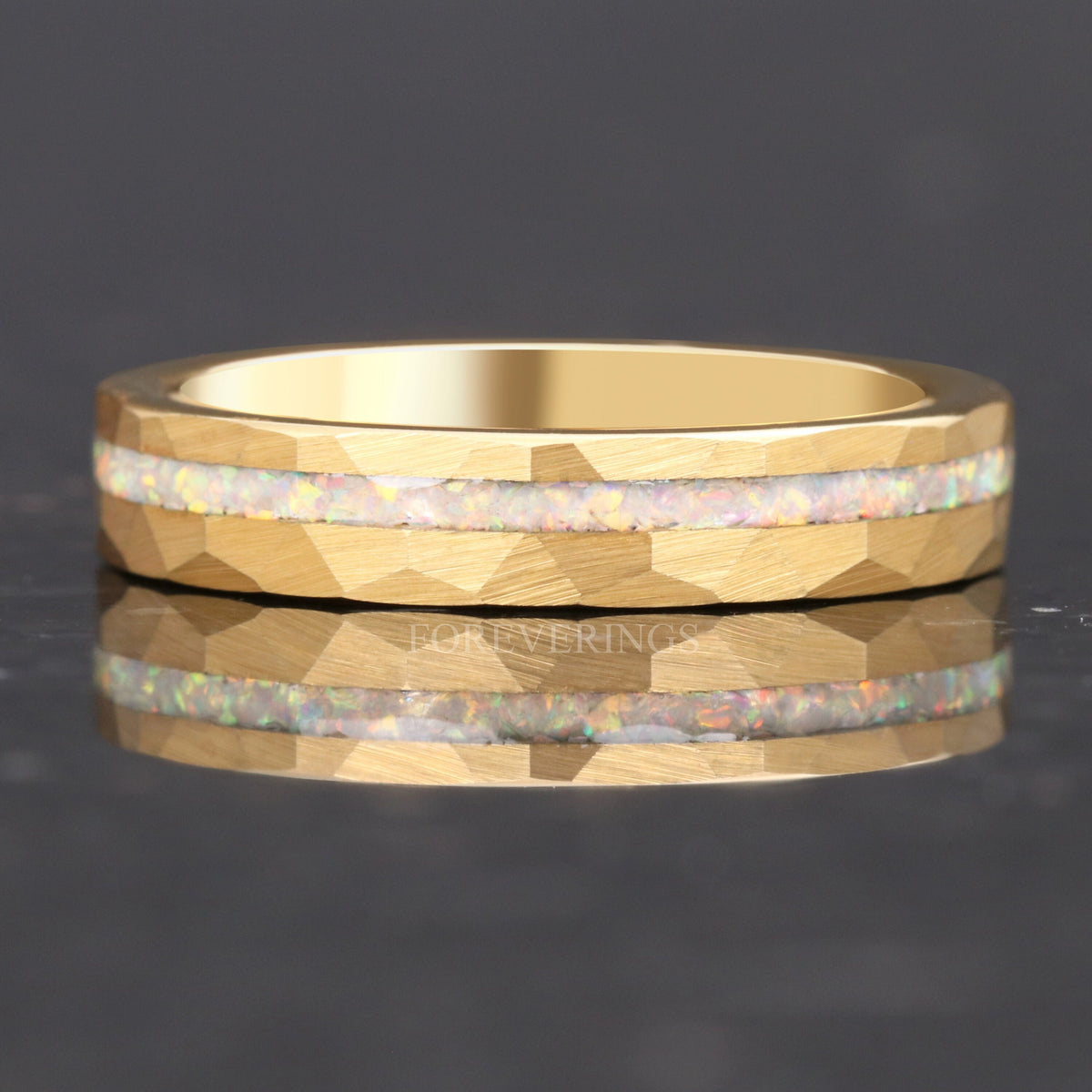 White Fire Opal | Hammered Tungsten Band in Rose or Yellow Gold