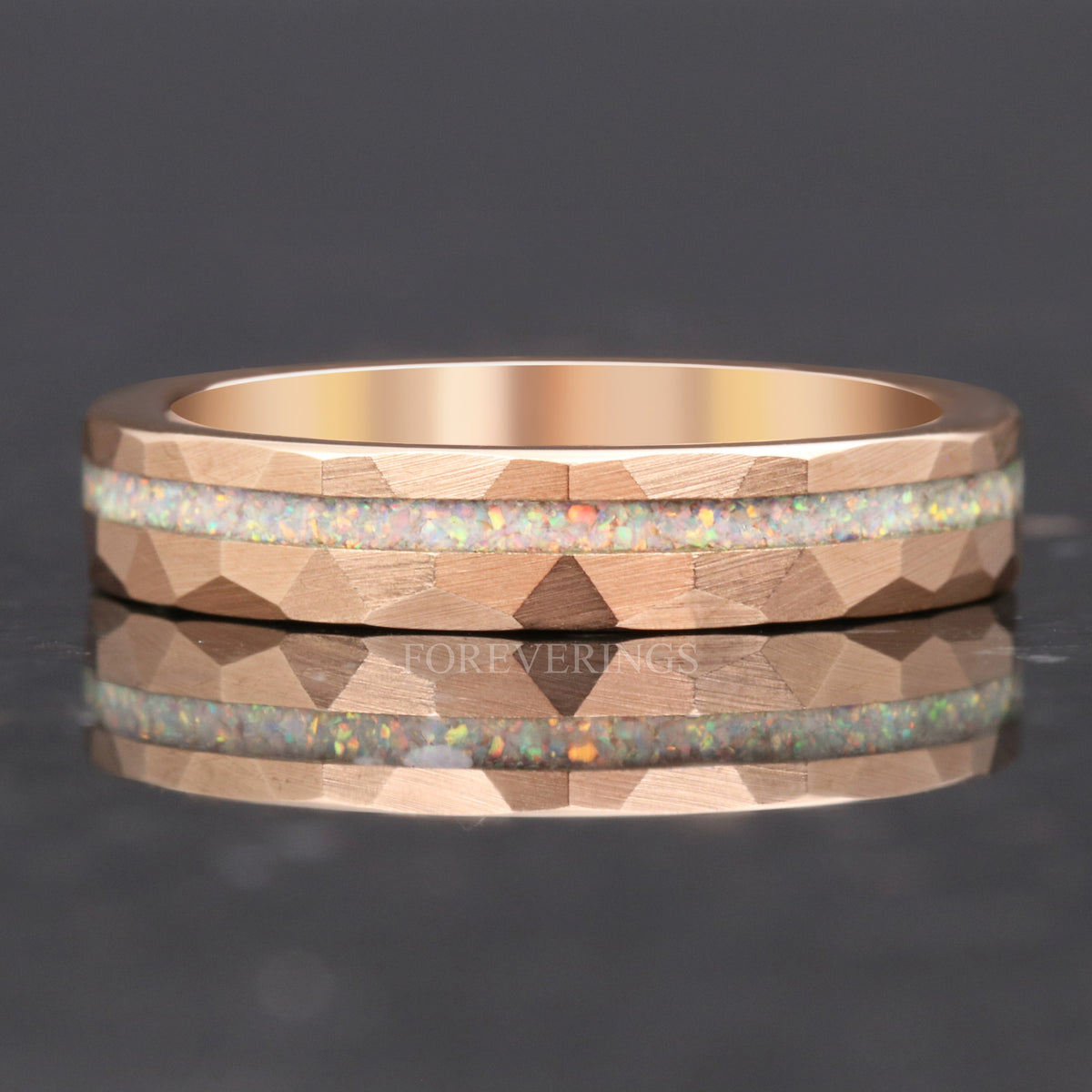 White Fire Opal | Hammered Tungsten Band in Rose or Yellow Gold