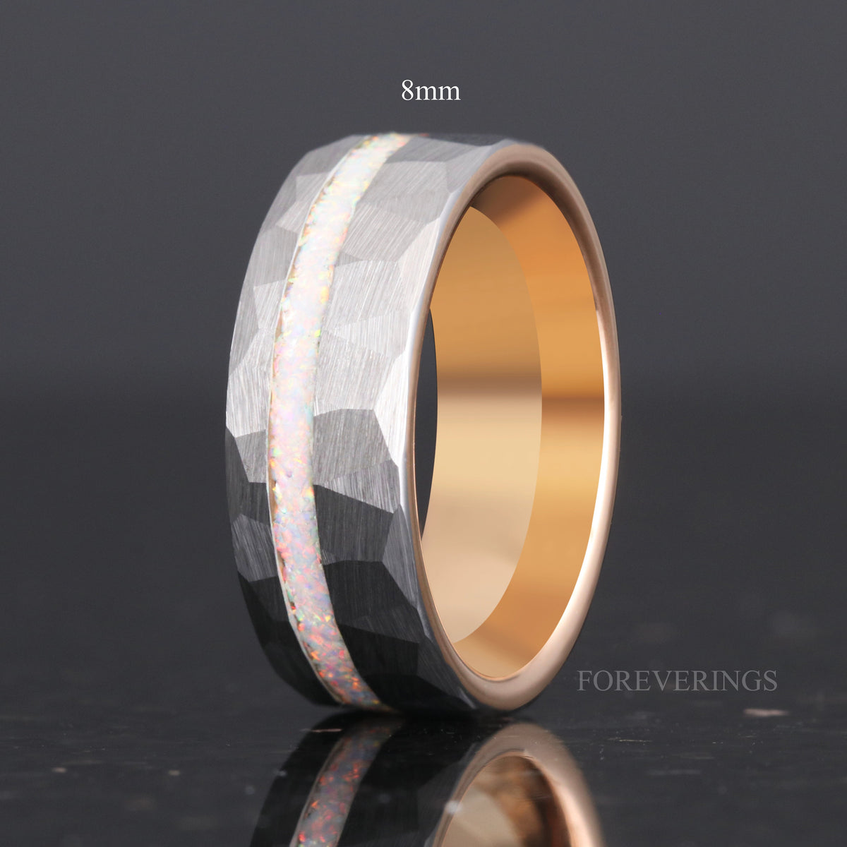 Mens White Opal Ring | 8mm Hammered Two-Tone Rose Gold Tungsten Band