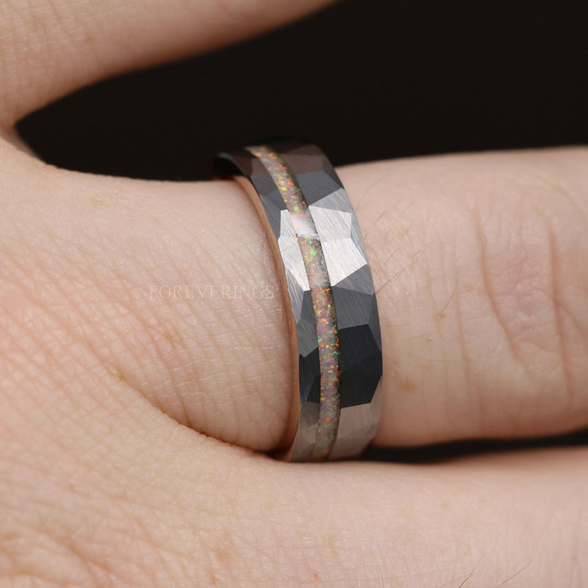 Mens White Opal Ring | 8mm Hammered Two-Tone Rose Gold Tungsten Band
