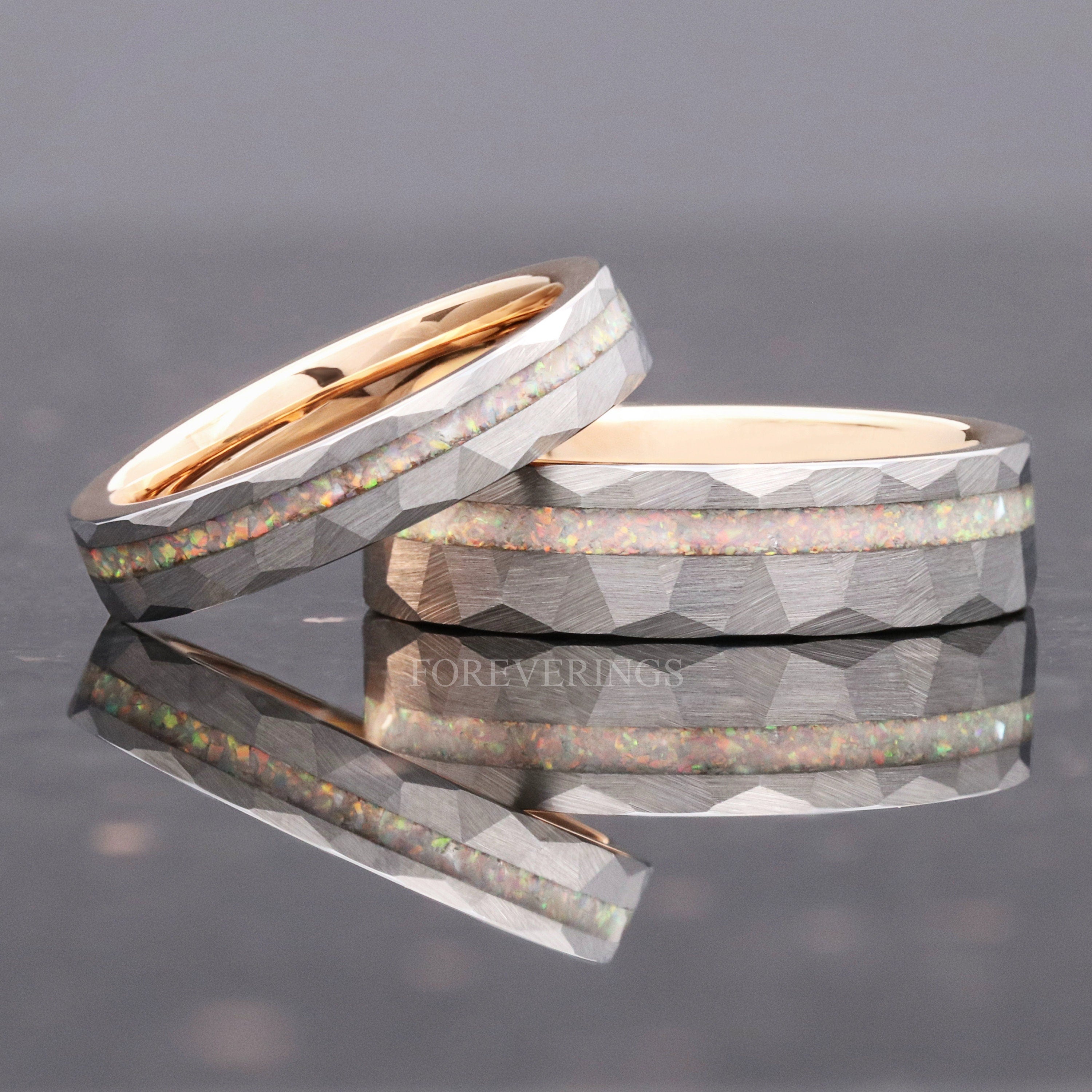 His and Hers Tungsten Wedding Band, Crushed White Fire Opal, 6mm & 4mm Rings, Two-Tone Silver-Rose Gold, Hammer, Flat, Brushed, Comfort Fit