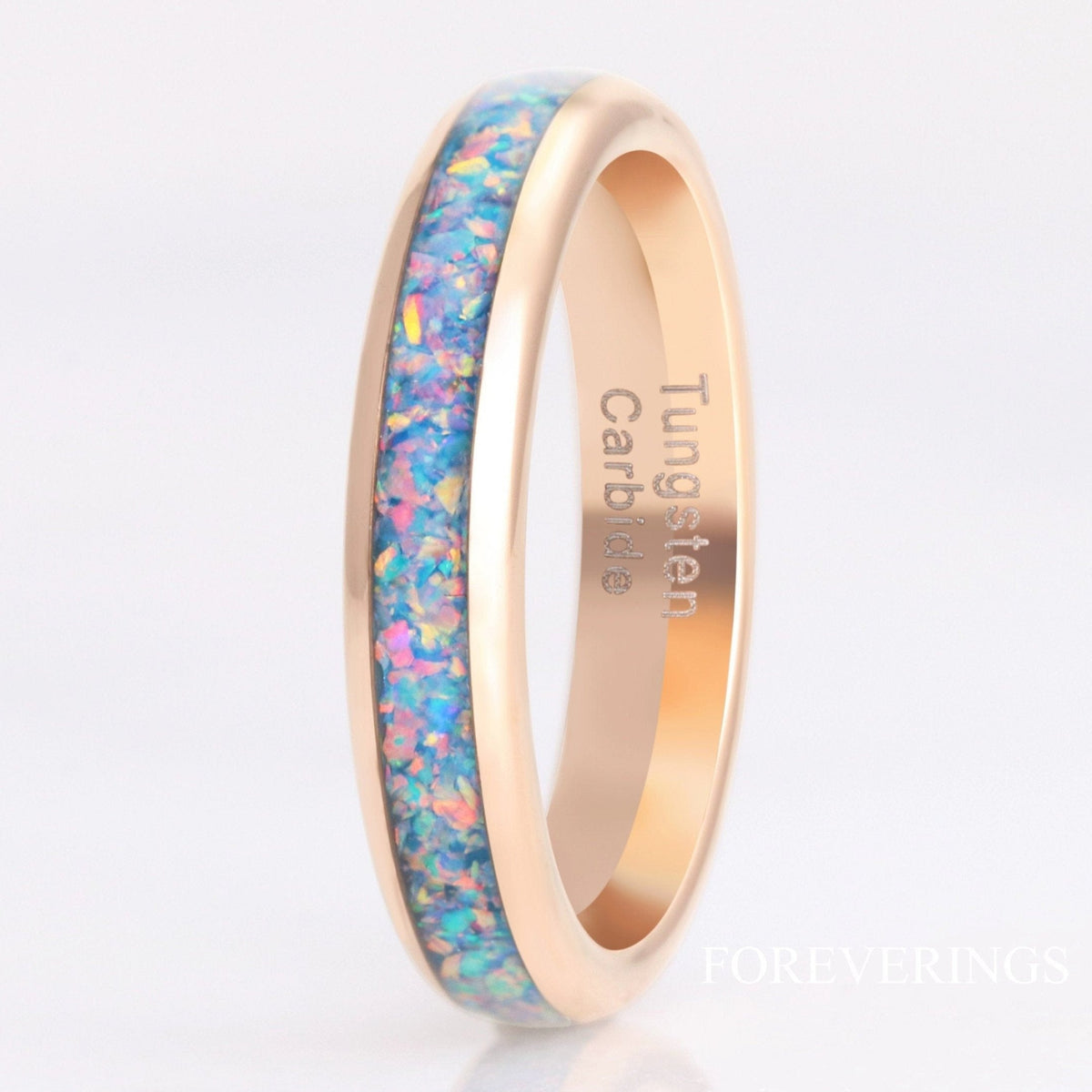 Rainbow Fire Opal Ring, Rose Gold Wedding Band, 4mm Rose Gold Tungsten, Polished, Dome, Men Women Ring, October Birthstone, Engrave