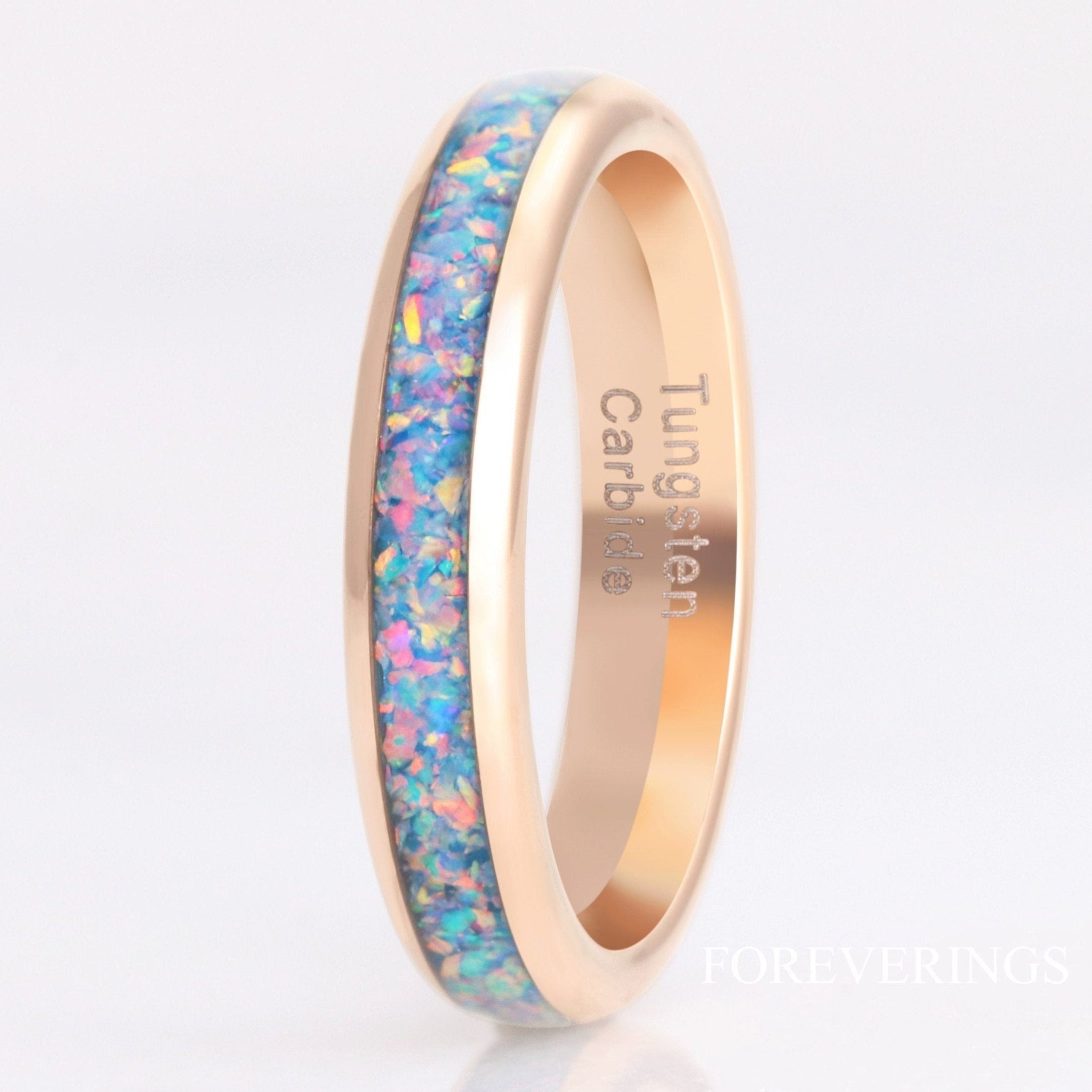 Rainbow Fire Opal Ring, Rose Gold Wedding Band, 4mm Rose Gold Tungsten, Polished, Dome, Men Women Ring, October Birthstone, Engrave