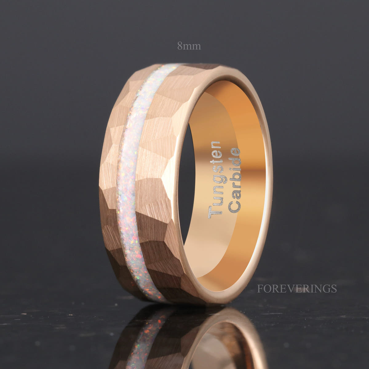 8mm hammered rose gold white fire opal band in a wider view, angled to show the rose gold interior