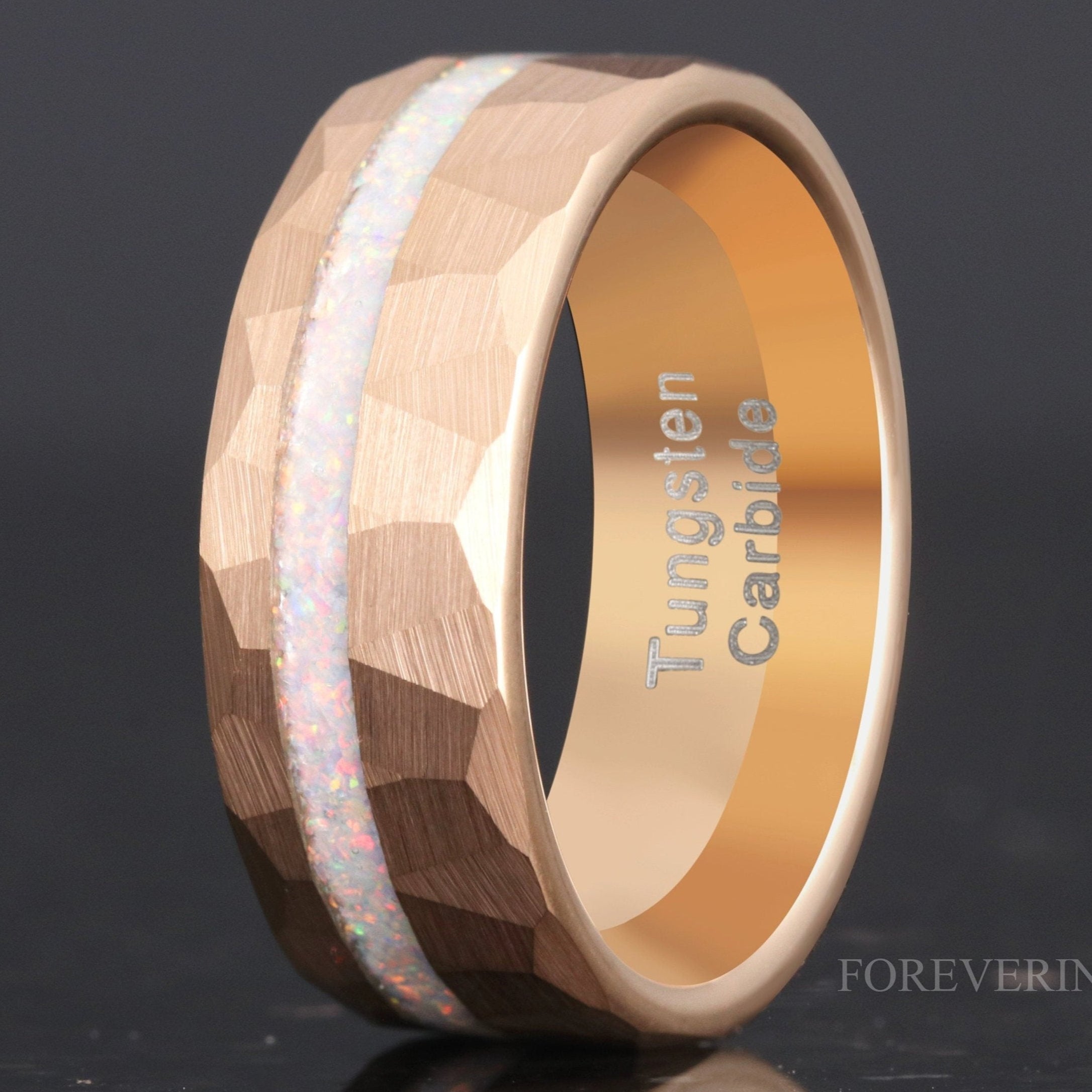 Mens Opal Wedding Band, Hammered Rose Gold Tungsten Ring, 8mm 6mm White Fire Opal Band, Facet, Flat, Brushed, Comfort Fit, Ring Engraving