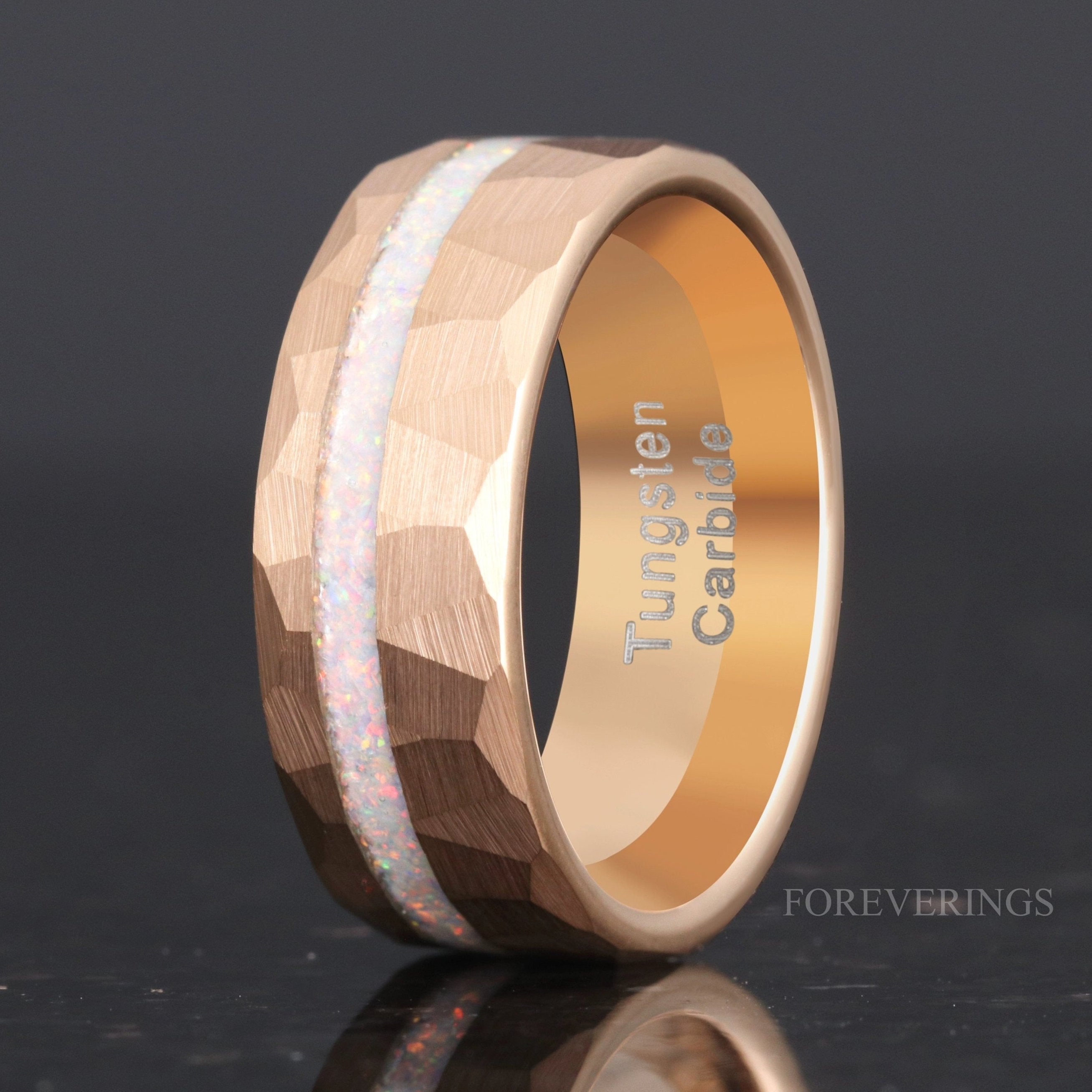 Mens Opal Wedding Band, Hammered Rose Gold Tungsten Ring, 8mm 6mm White Fire Opal Band, Facet, Flat, Brushed, Comfort Fit, Ring Engraving