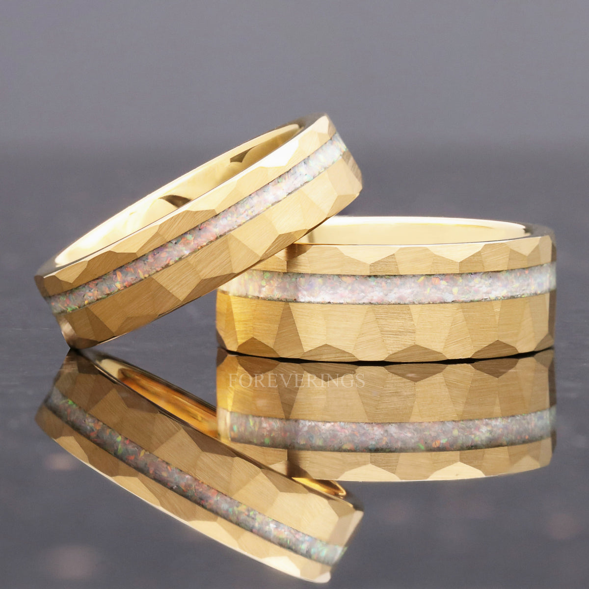 Mens Fire Opal Wedding Band | Hammered Gold Tungsten Ring