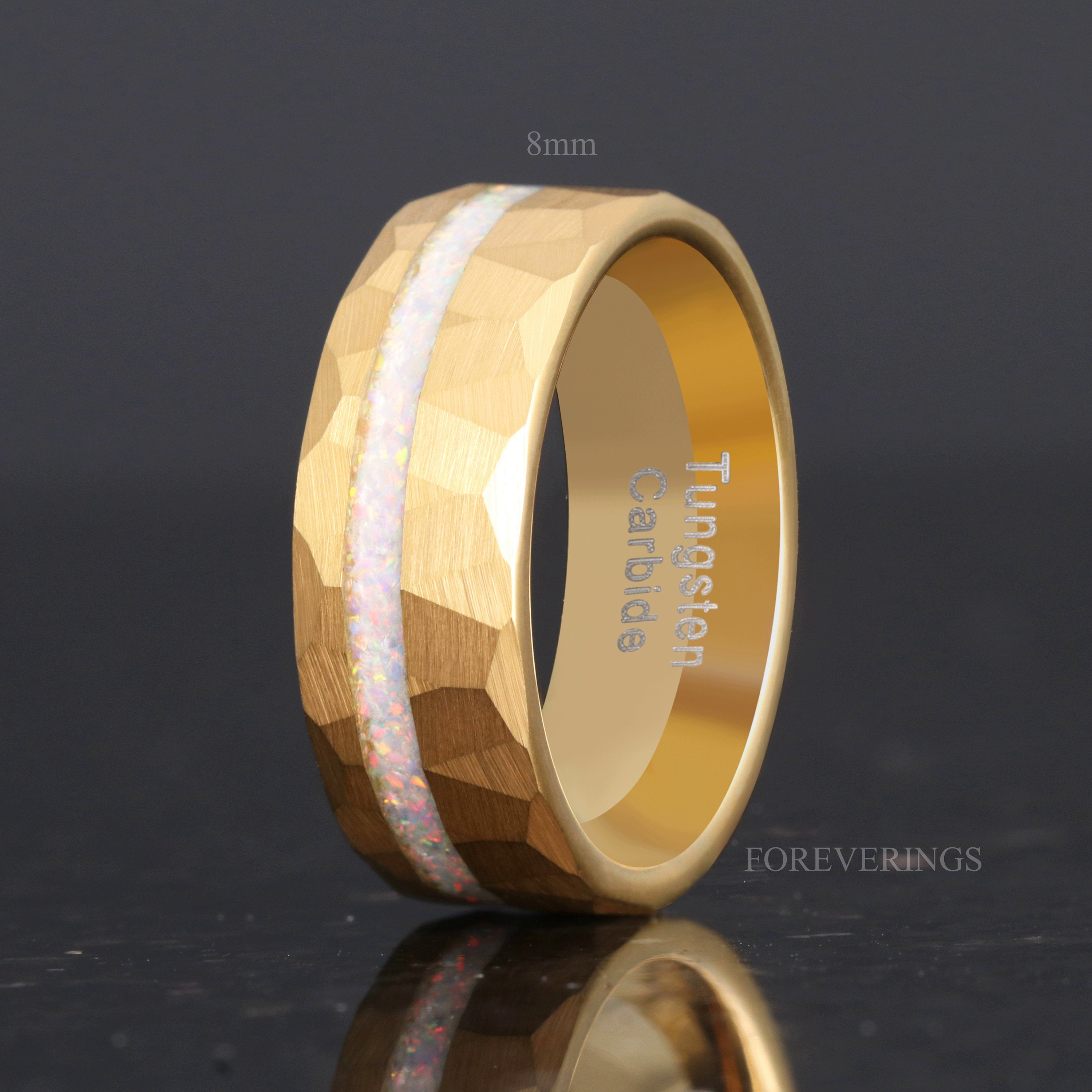 Mens Opal Wedding Band, Gold Tungsten Ring, White Fire Opal, Yellow Gold, Hammered, Flat, Brush, Comfort Fit, Man Engagement Ring, Engraving