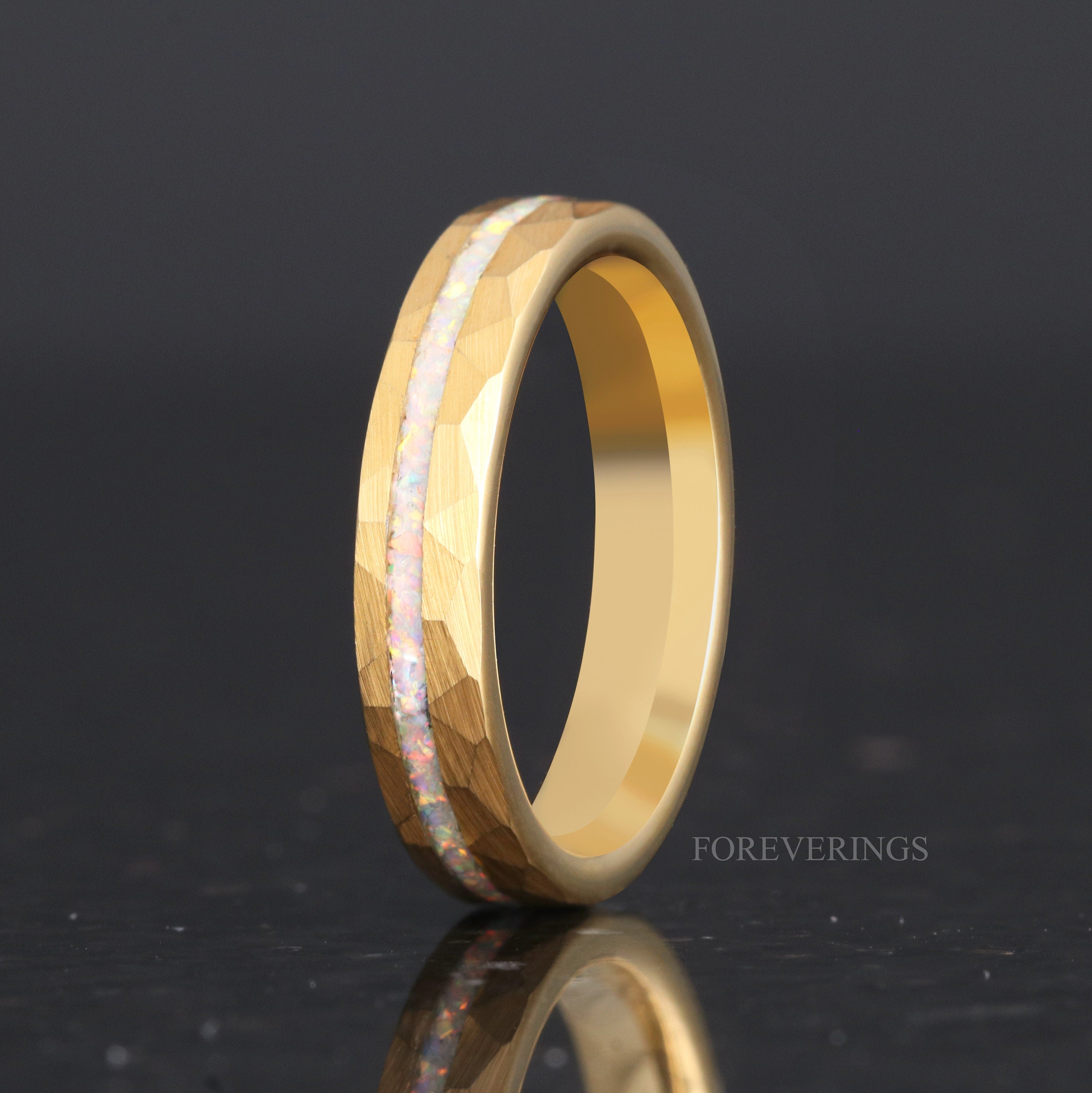 His and Hers Tungsten Wedding Band, Crushed White Fire Opal, 6mm & 4mm Rings, Yellow Gold Plated, Hammer, Flat, Brushed, Comfort Fit