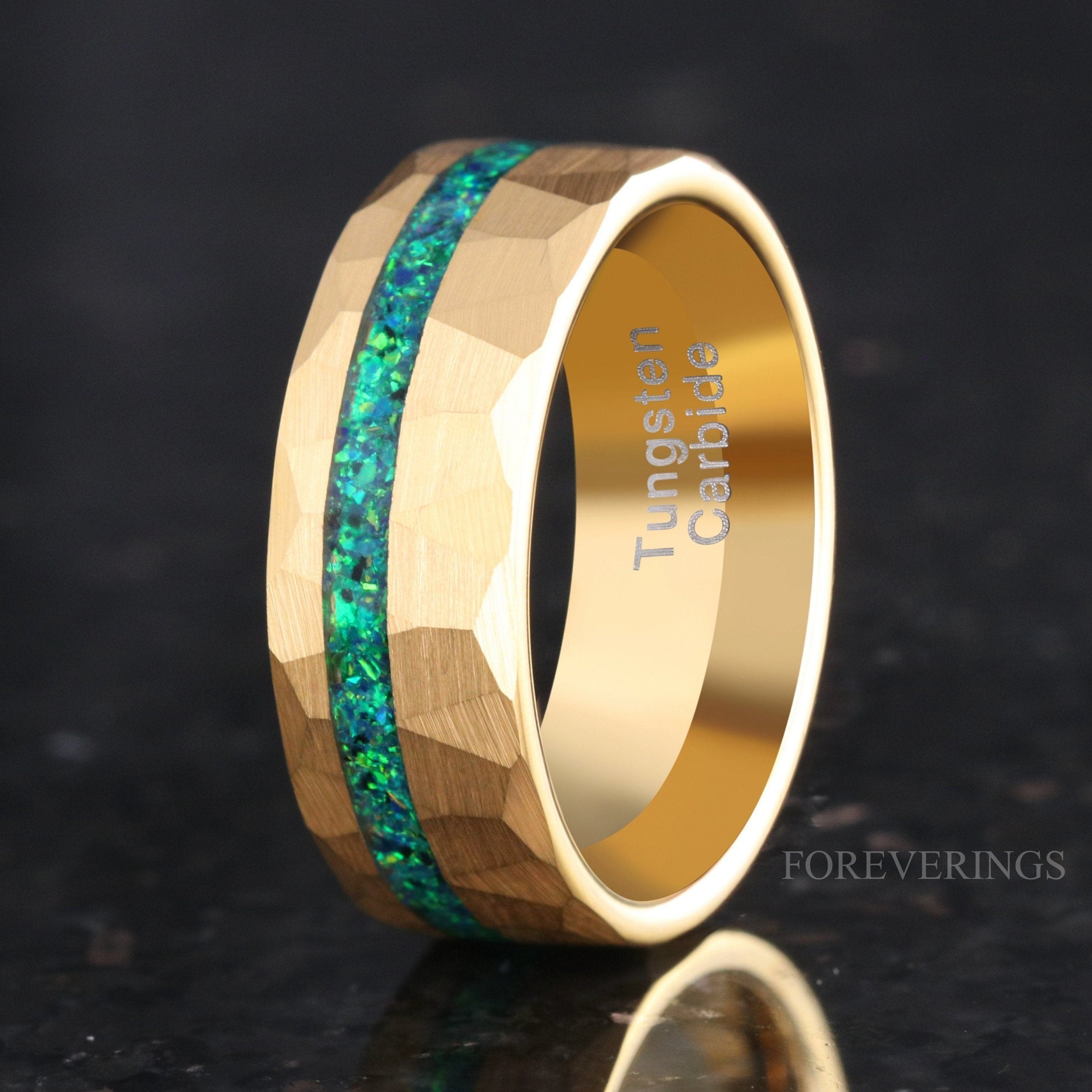 Mens Emerald Ring, Gold Wedding Band, Hammered Gold Tungsten Band, 8mm 6mm 4mm Emerald Coast Ring, Green Fire Opal, Brush Flat, Ring Engrave