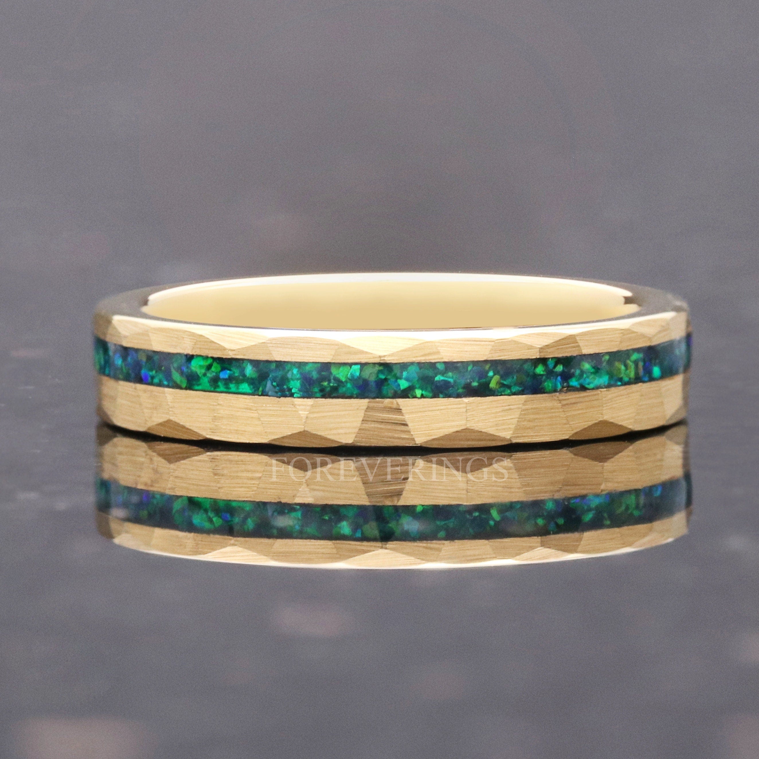 Gold Emerald Opal Ring, Gold Wedding Band, Hammered, 4mm Women Men Ring, Green Fire Opal Band, Brushed, Flat, Gold Tungsten Ring, Engraving