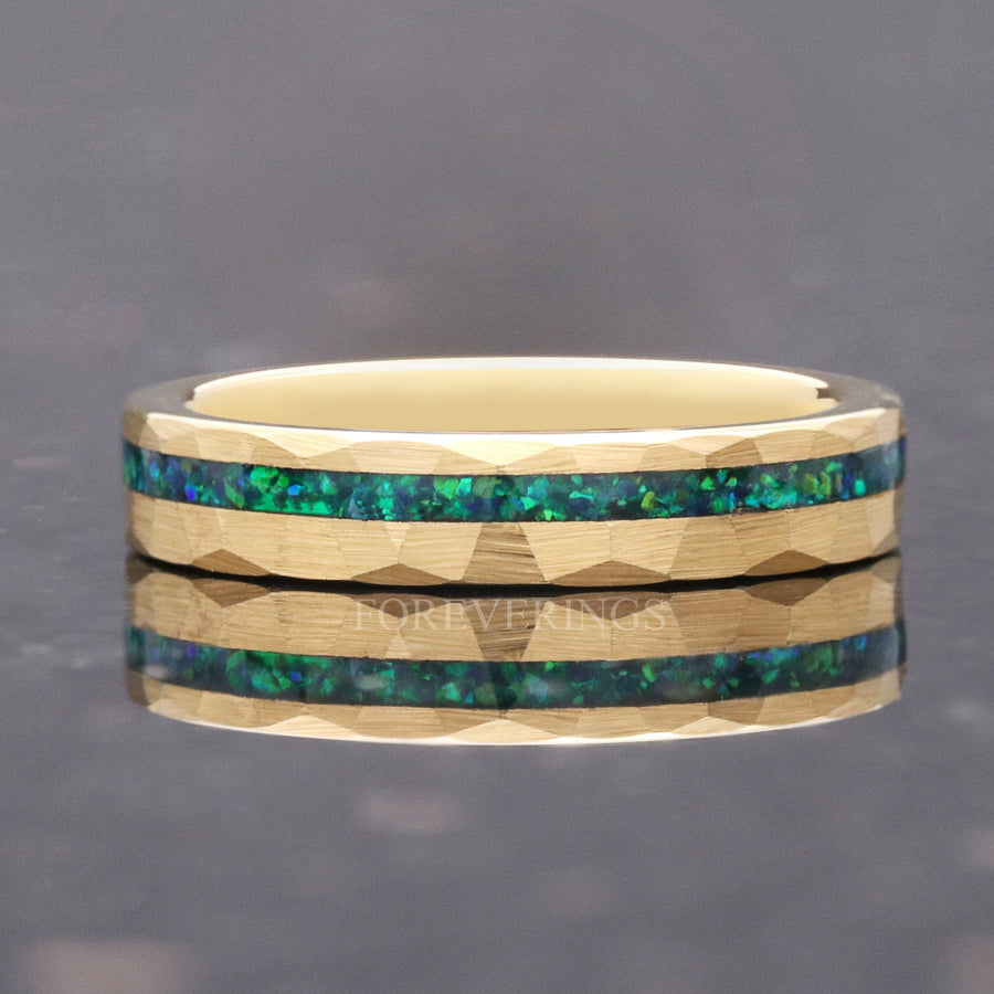 Gold Opal Ring | 4mm Hammered Green Inlay Tungsten Wedding Band