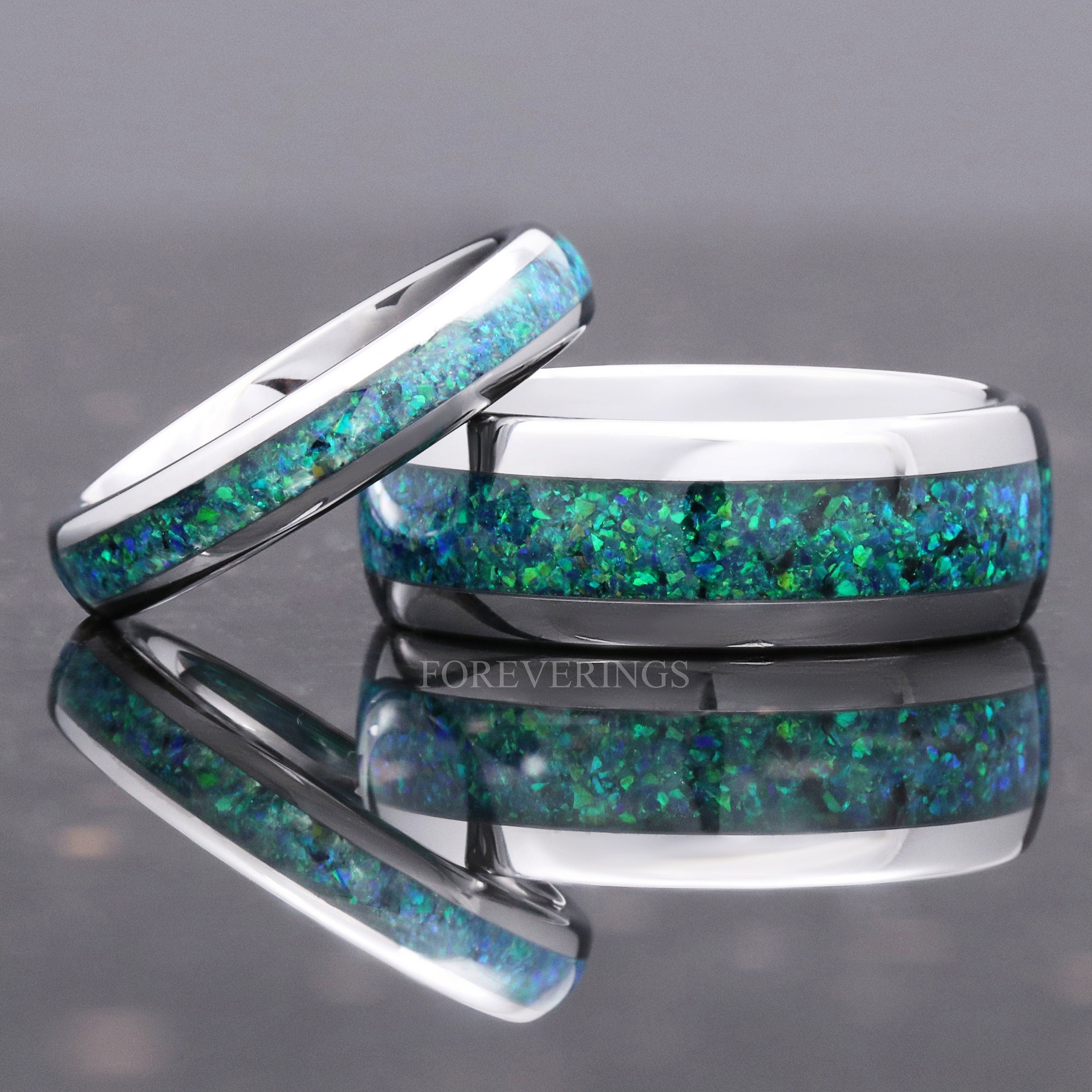 Emerald Coast Ring Set, His and Hers Tungsten Wedding Band, 8mm & 4mm Silver Ring Set, Opal Ring, Couples Ring, Dome, Comfort Fit