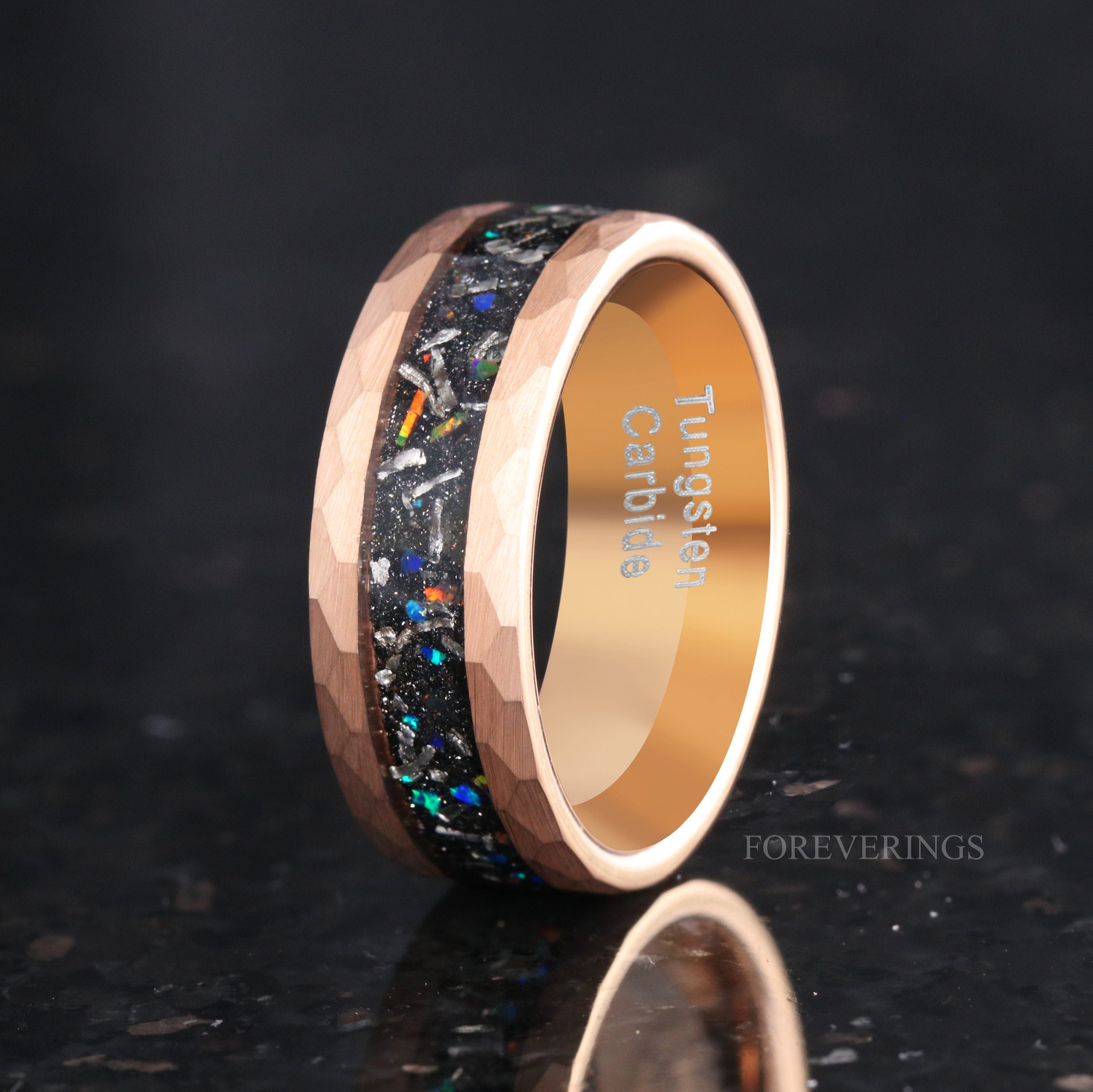 Rose Gold Meteorite Opal Ring, Mens Wedding Band, Hammered Tungsten Ring, Galaxy Ring, Authentic Meteorite Ring Men, Opal Band, Engraving