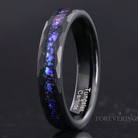 Orion Nebula Ring Hammered, 4mm Wedding Band, Black Tungsten Band, Man Woman Outer Space Ring, Flat Brush Ring, Blue Nebula Ring, Engraving