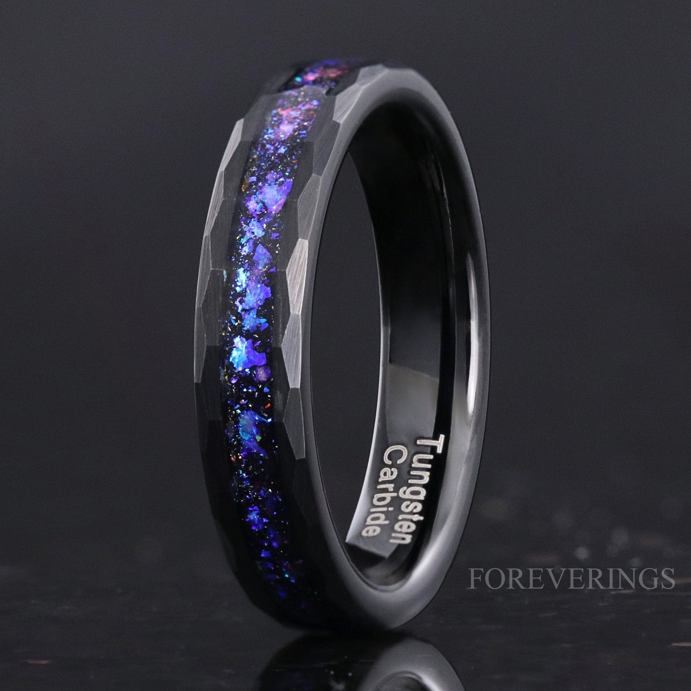 Orion Nebula Ring Hammered, 4mm Wedding Band, Black Tungsten Band, Man Woman Outer Space Ring, Flat Brush Ring, Blue Nebula Ring, Engraving