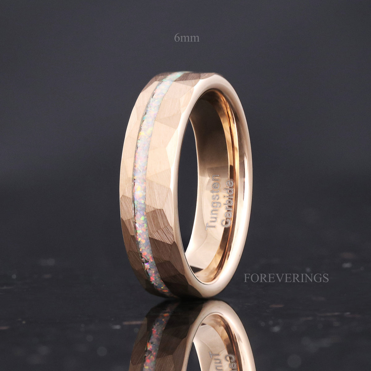 White Fire Opal | Hammered Rose Gold Tungsten Wedding Band | 8mm 6mm