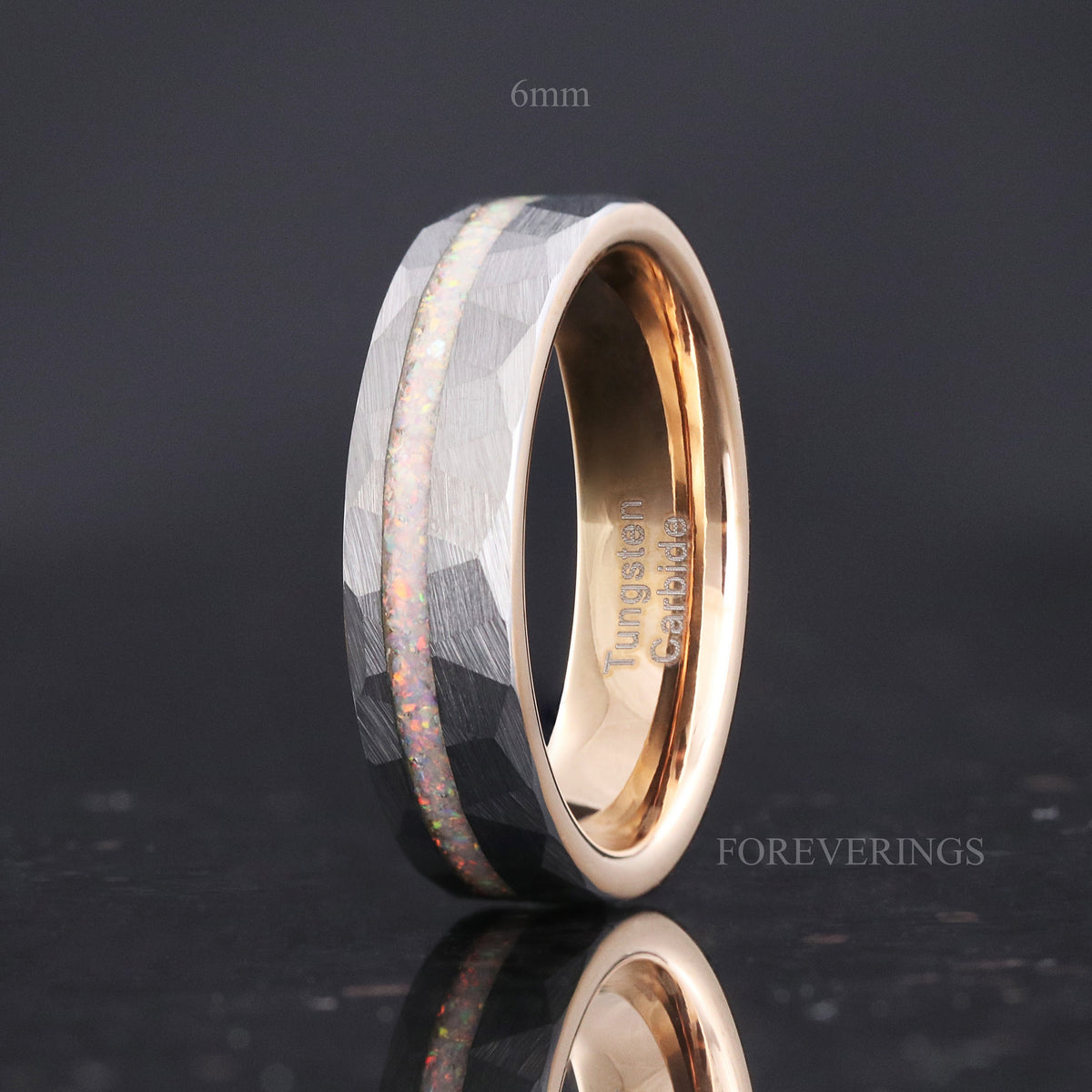 Mens White Opal Ring | 8mm Hammered Two-Tone Rose Gold Tungsten Band