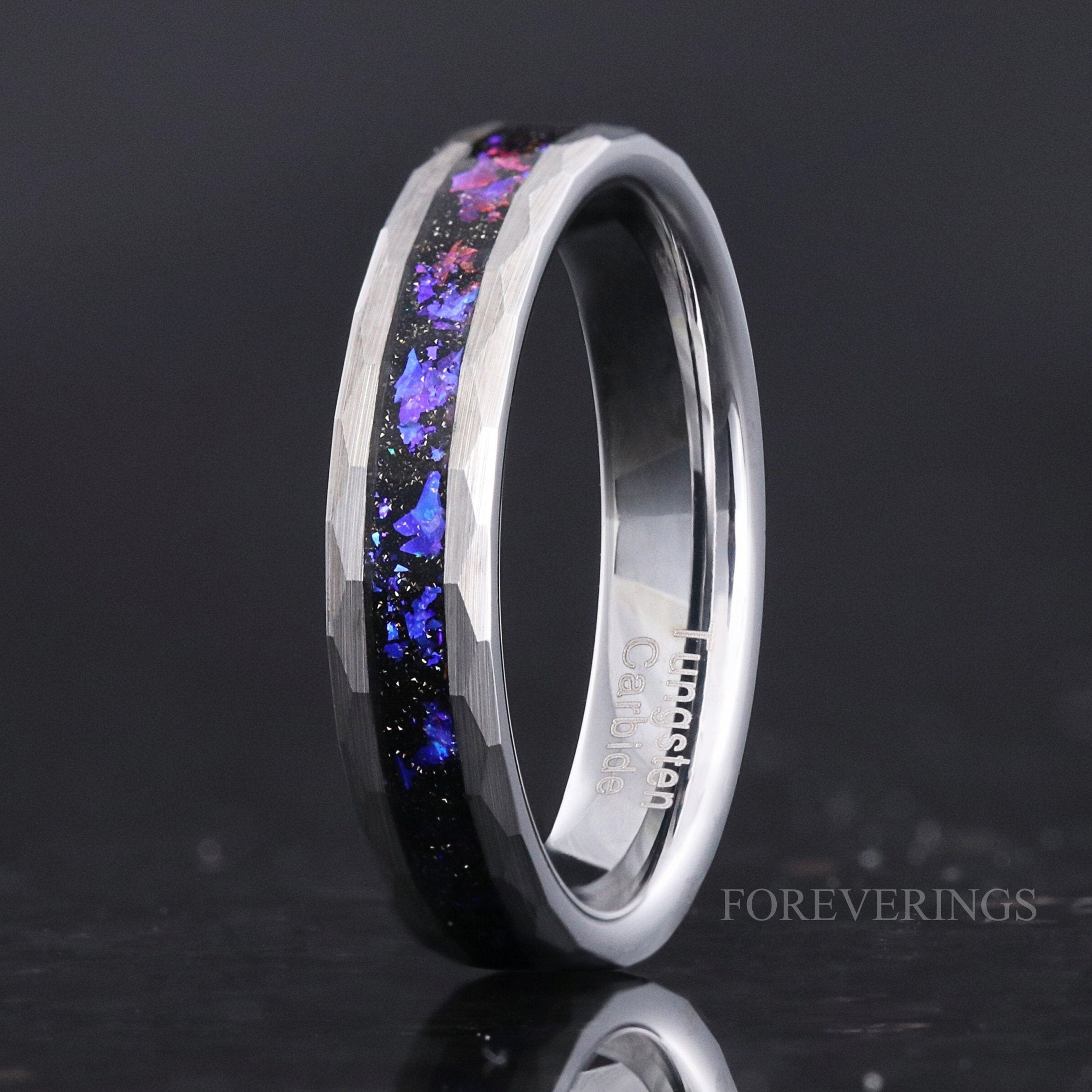 Orion Nebula Ring Hammered Wedding Band, 4mm Outer Space Ring, Unique Silver Tungsten Ring, Flat Matte Brush, Blue Nebula Ring, Ring Engrave