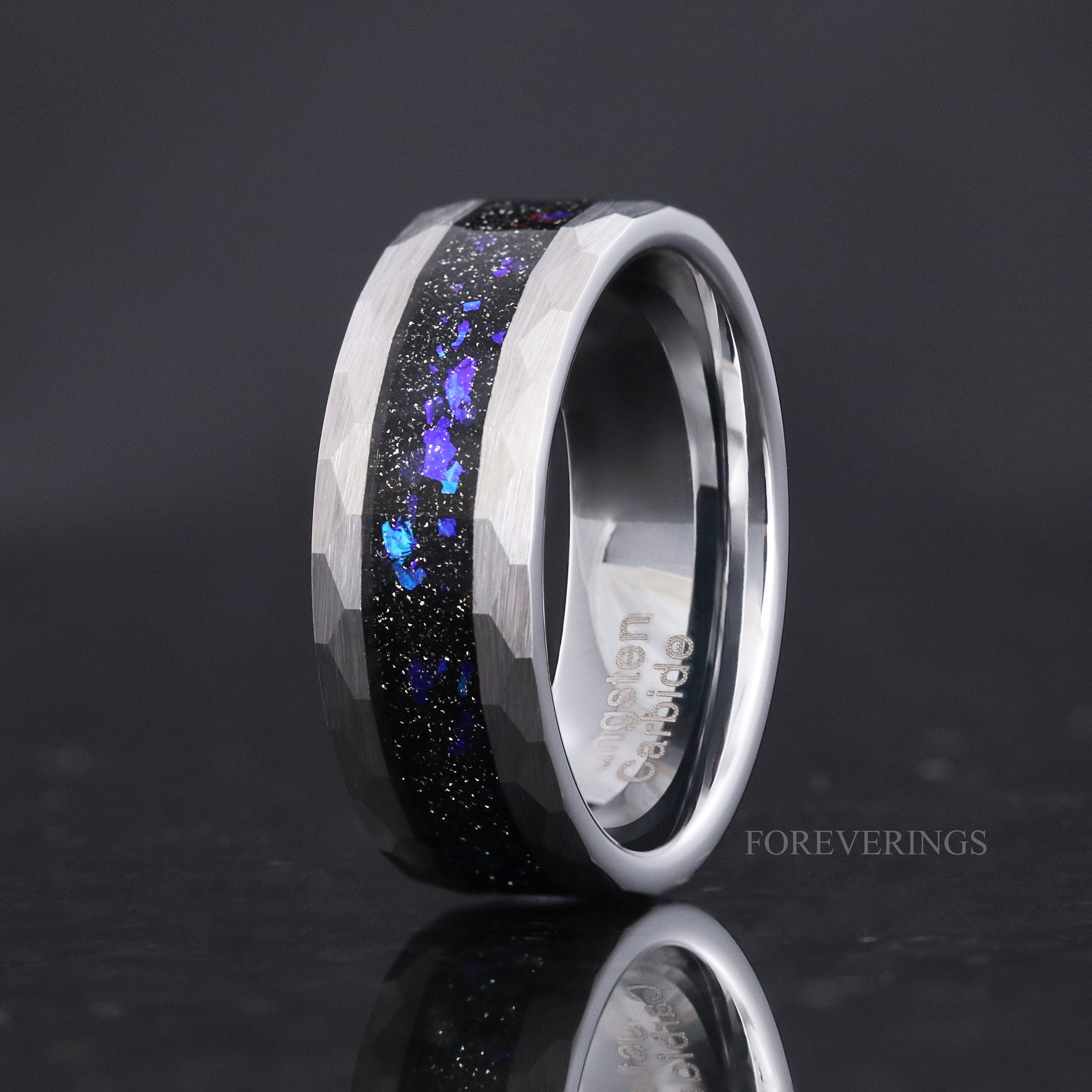 Orion Nebula Ring Set Hammered, His Hers Wedding Band, Silver Tungsten Band, 8mm & 4mm Matching Couple Ring Set, Blue Nebula Ring, Engraving