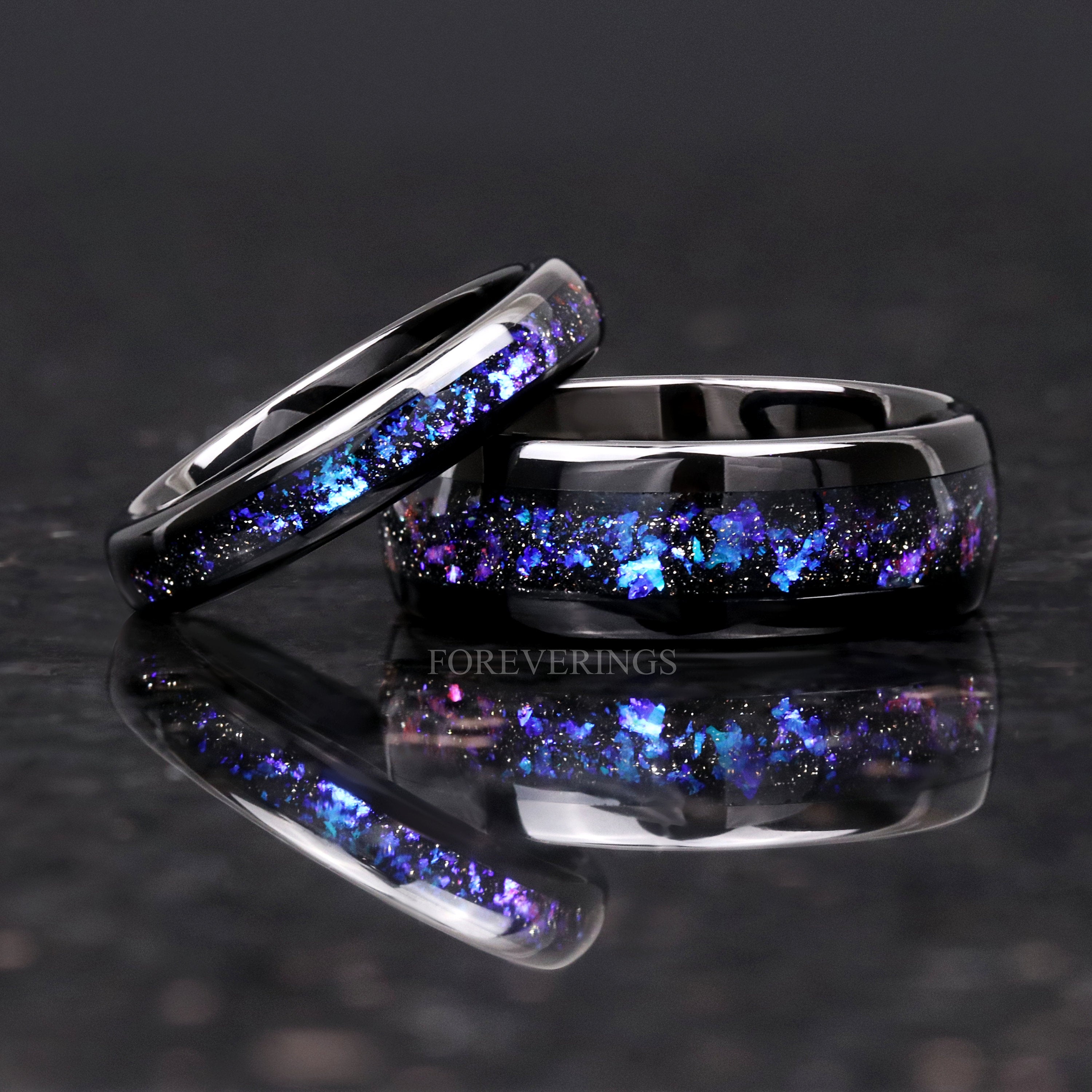 Orion Nebula Ring Set, His and Her Tungsten Wedding Band, 8mm & 4mm Black Ring, Outer Space Couples Ring, Polish, Dome, Comfort Fit