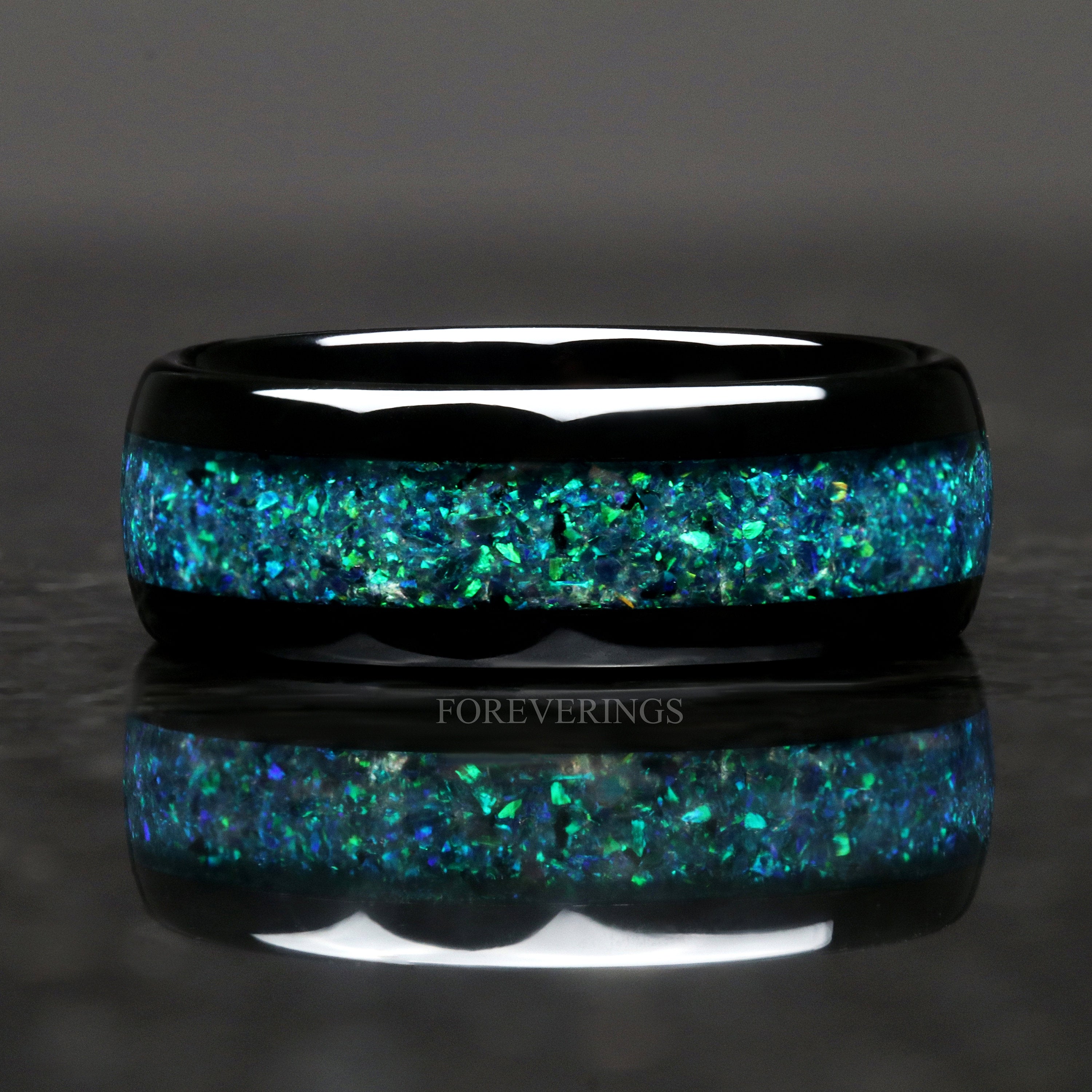 Emerald Coast Ring, 8mm Tungsten Wedding Band, Black Emerald Opal Ring, Black Tungsten Ring, Polish, Dome, Comfort Fit, Gift for Him