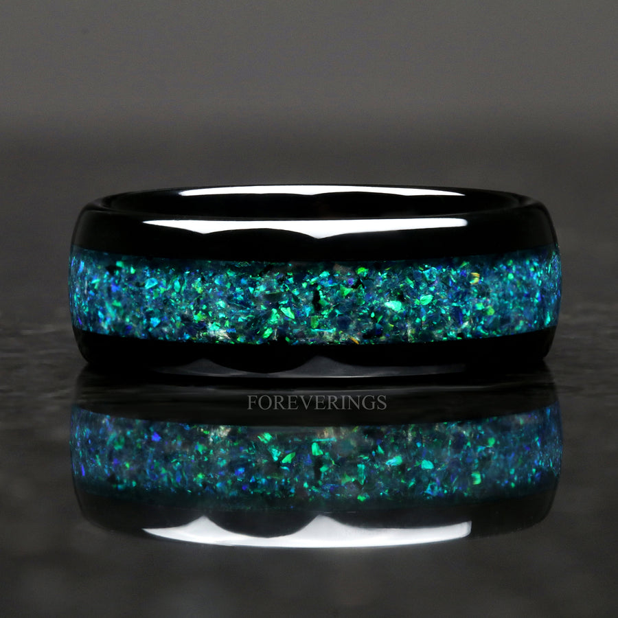 Emerald Green Opal Ring | Black Tungsten Wedding Band | 8mm