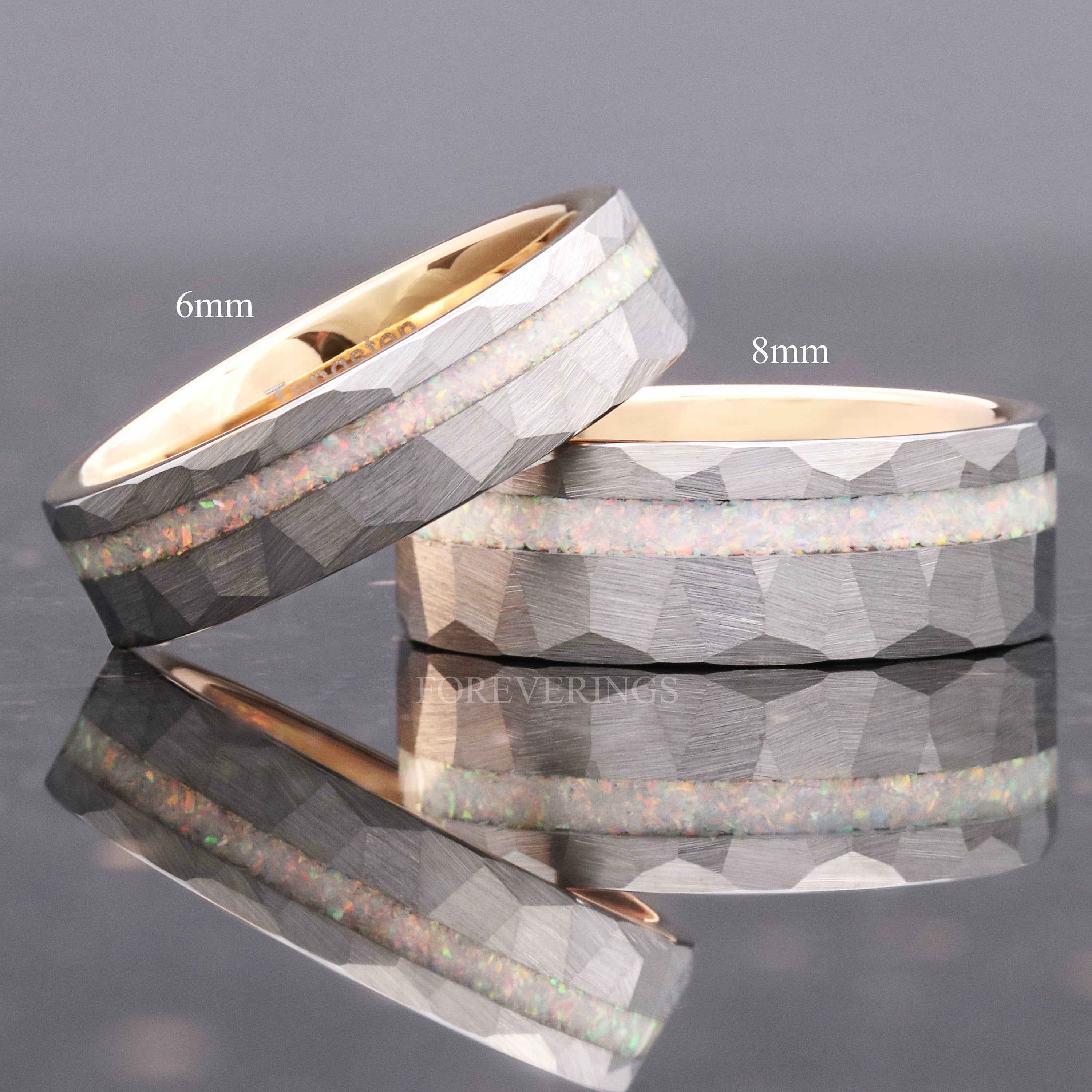 Men Opal Ring, Rose Gold Tungsten Band, Two-Tone Silver and Rose Gold Ring, Hammered, Flat, Matte Brushed, Comfort Fit, Ring Engraving