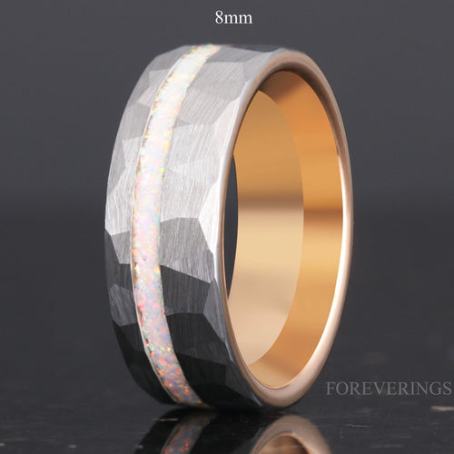 Mens White Opal Ring | 8mm Hammered Two-Tone Rose Gold Tungsten Band