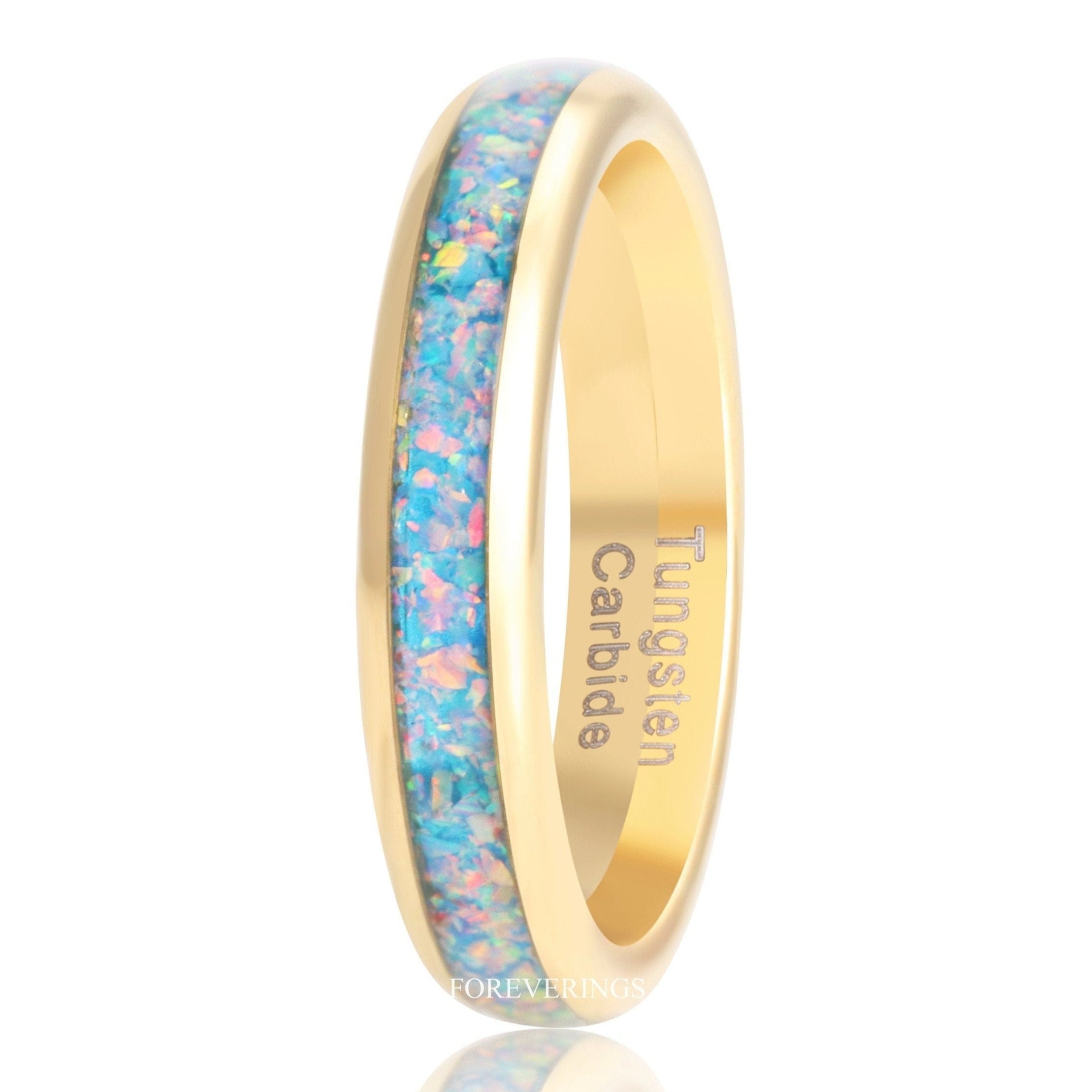 Rainbow Opal Ring, Gold Wedding Band, Blue Fire Opal Tungsten Ring, Polish, Dome, Unique Men Women Ring, October Birthstone, Ring Engraving