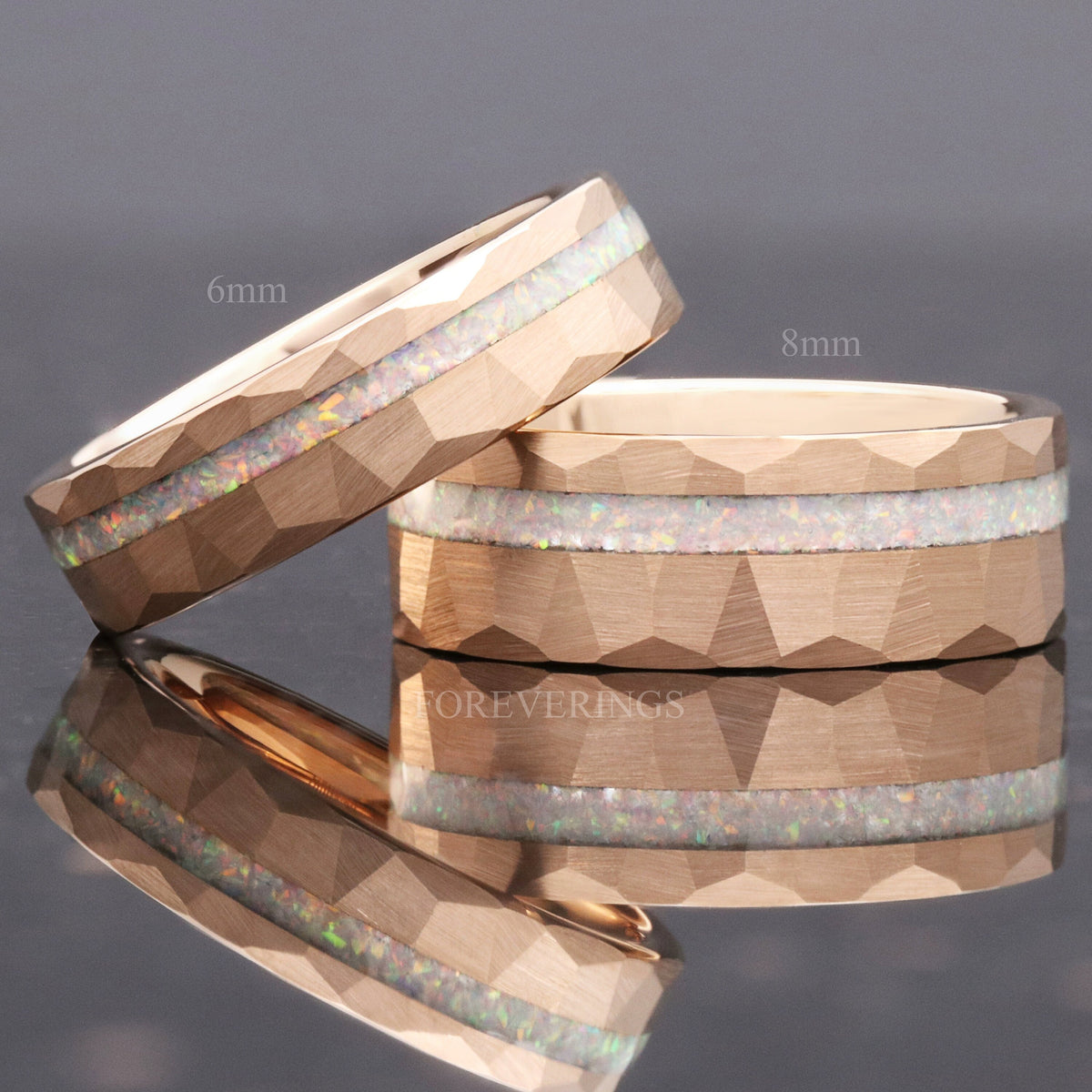 White Fire Opal | Hammered Rose Gold Tungsten Wedding Band | 8mm 6mm