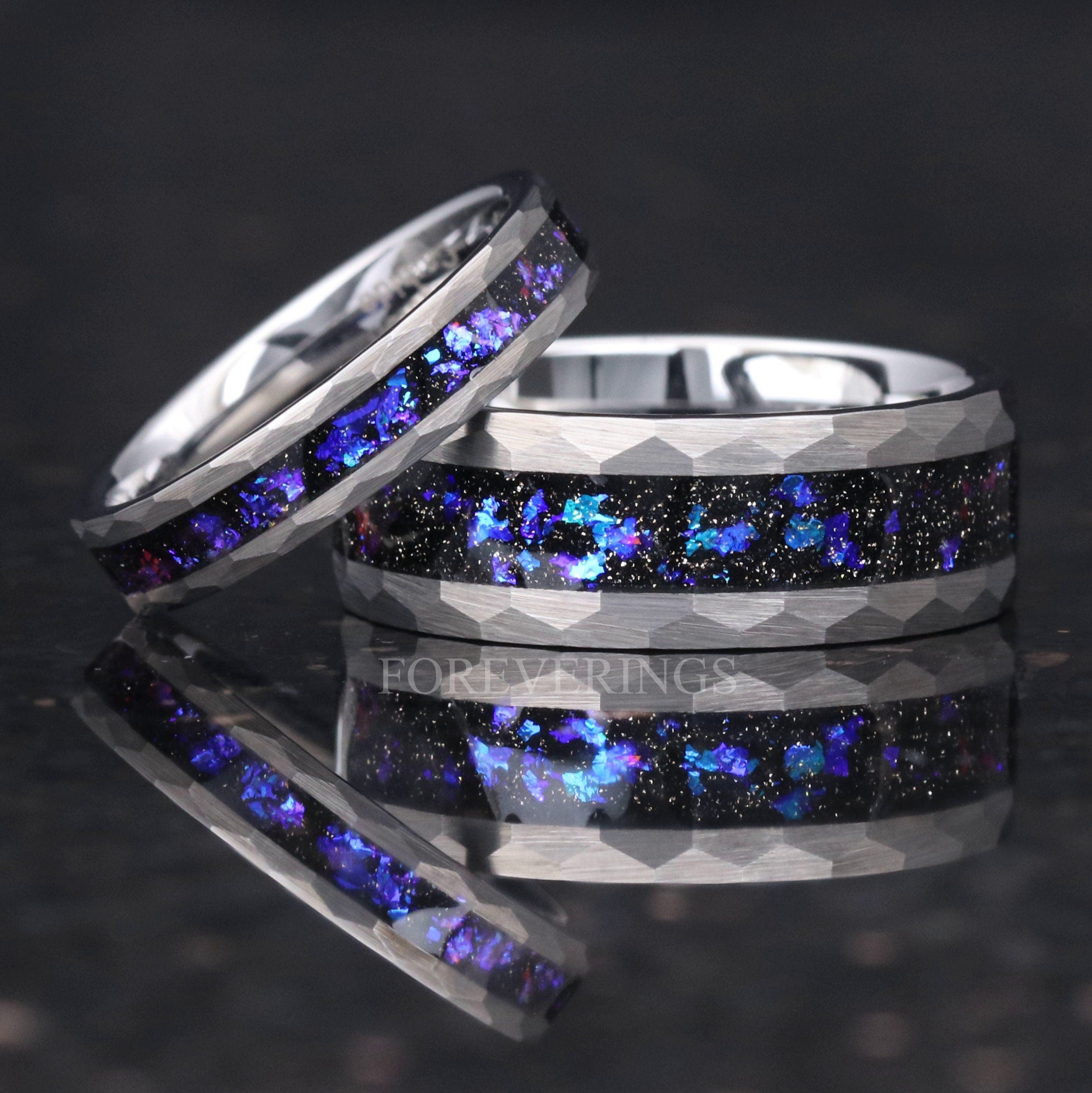 Orion Nebula Ring Set Hammered, His Hers Wedding Band, Silver Tungsten Band, 8mm & 4mm Matching Couple Ring Set, Blue Nebula Ring, Engraving