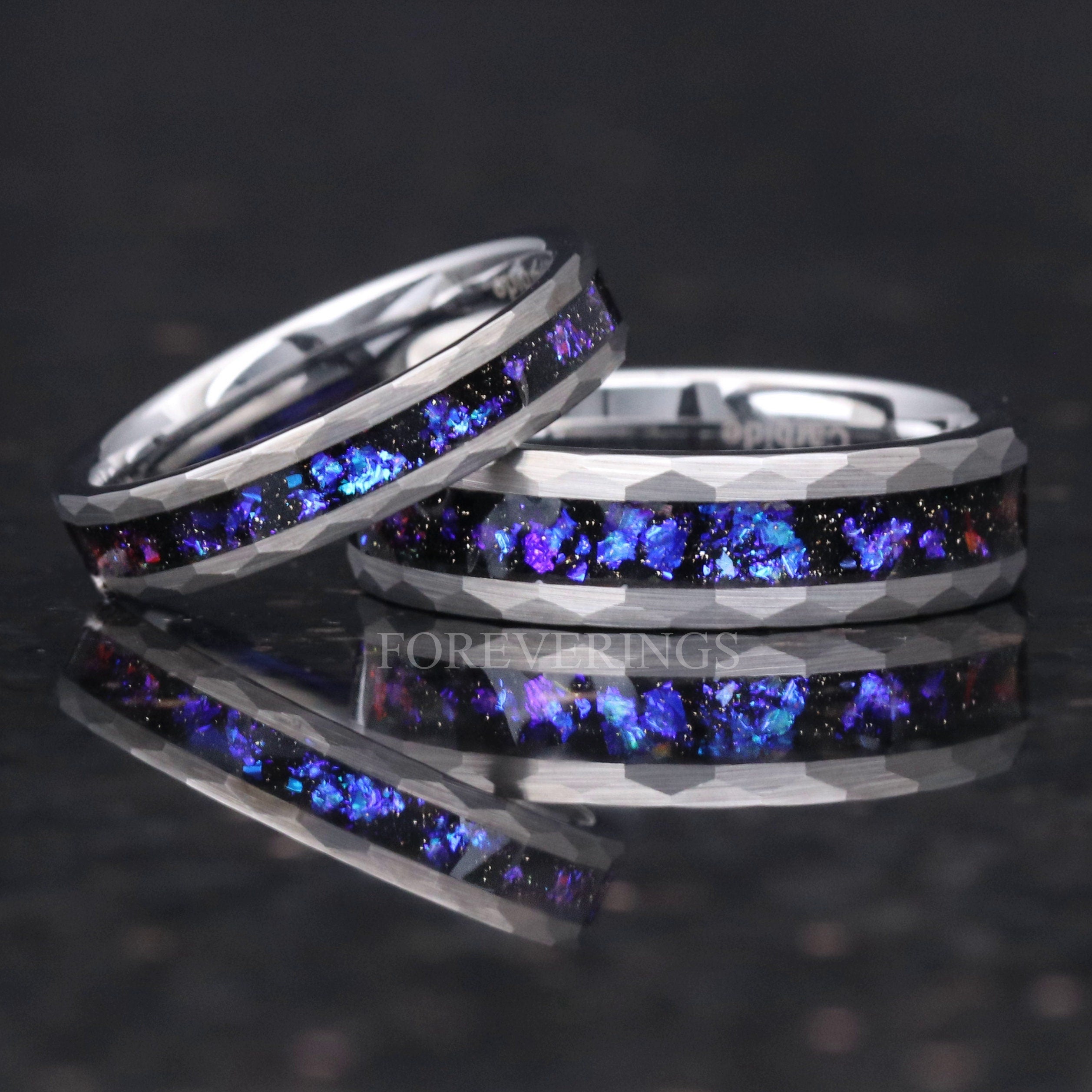 Orion Nebula Ring Set Hammered, His and Hers Wedding Band, 6mm & 4mm Silver Tungsten Ring Set, Matching Couples Ring, Flat Brush Hammer Ring