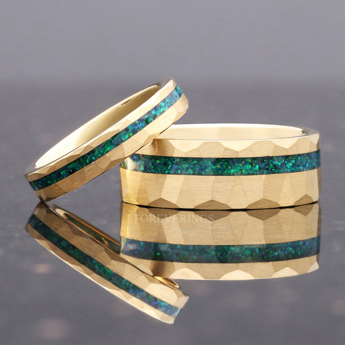 Gold Emerald Opal Wedding Band Set, Hammered Tungsten Ring Set, 8mm & 4mm His and Her Ring, Blue Green Opal Couples Ring, Gold Hammered Band