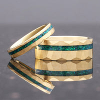Gold Emerald Opal Wedding Band Set, Hammered Tungsten Ring Set, 8mm & 4mm His and Her Ring, Blue Green Opal Couples Ring, Gold Hammered Band